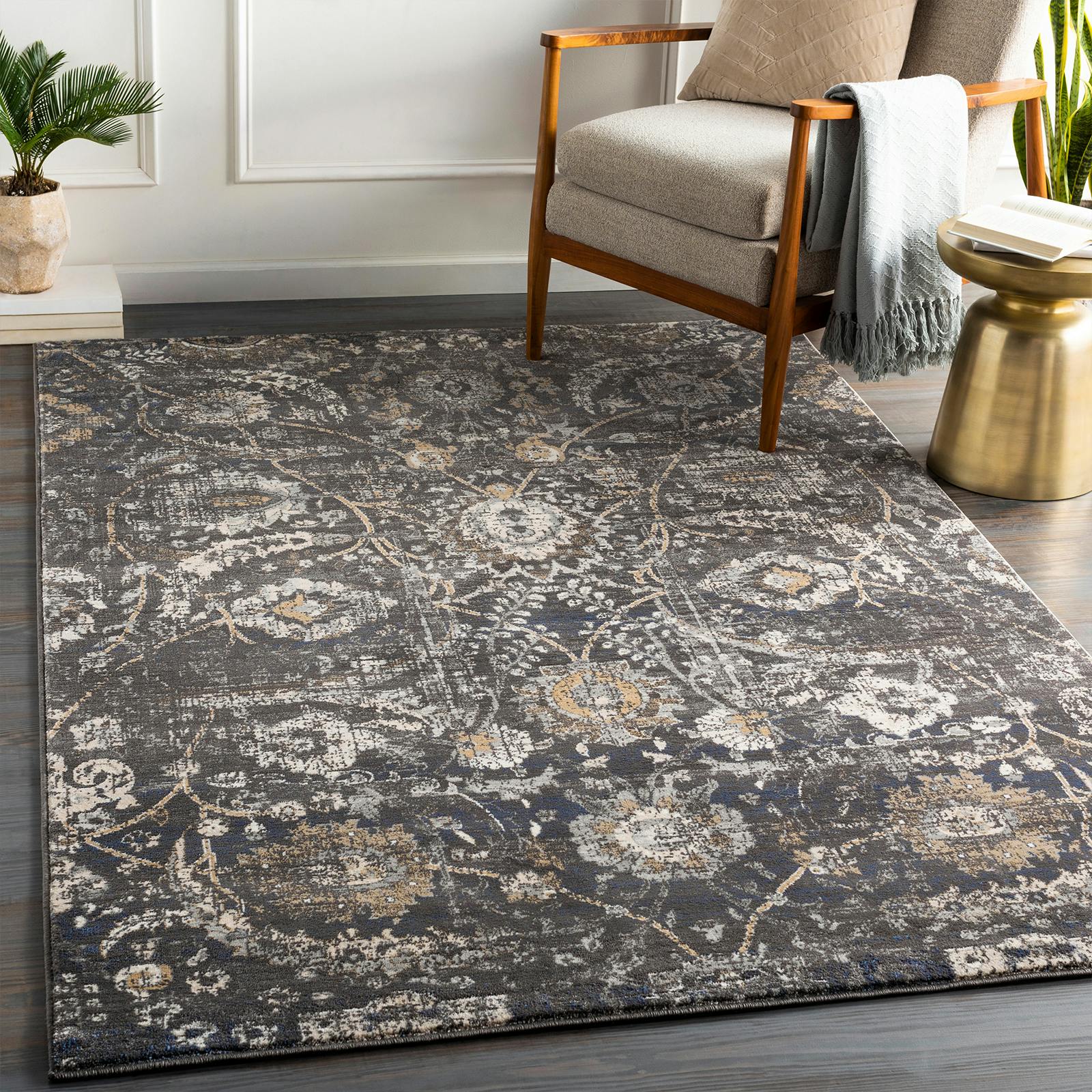 Livabliss Indigo/Black/Grey -Vintage Beige Traditional Floral Boho Rug - 160 X 220 Cm