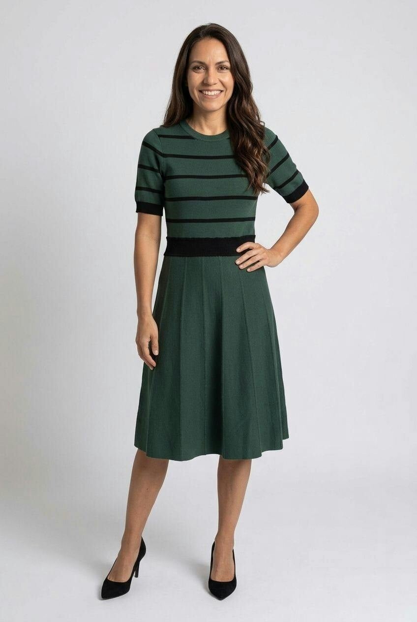 Izabel London Green Striped Knee Length Knit Skater Dress - 10