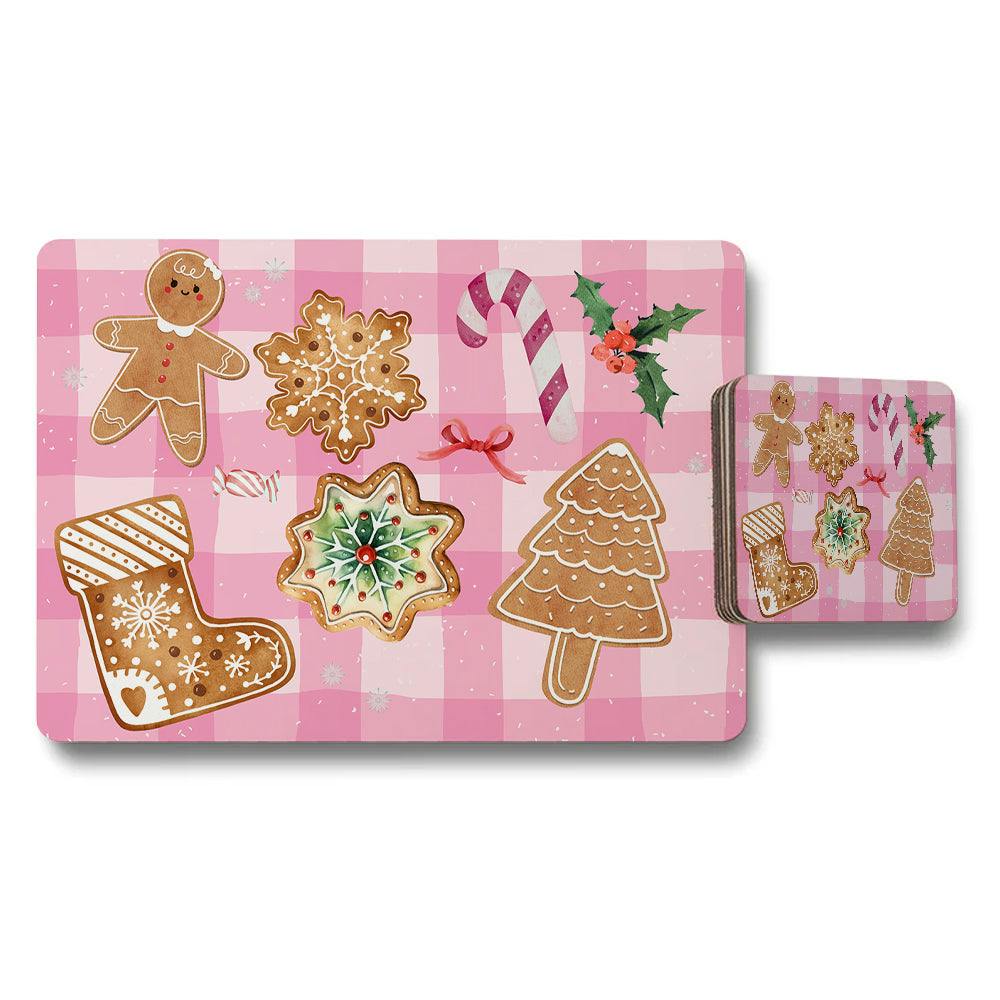 Rackhams Pink Christmas Placemat And Coaster Set With Gingerbread Cookies