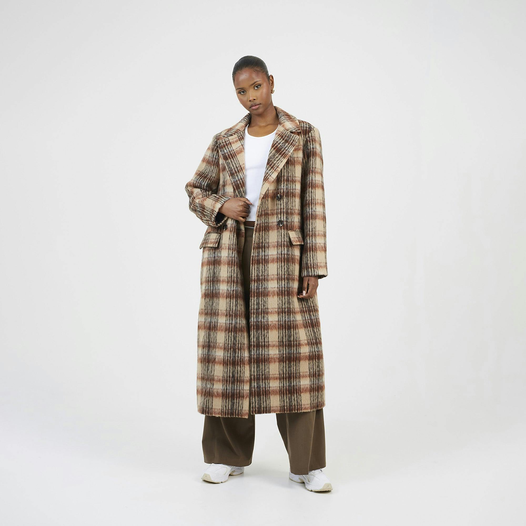 Brave Soul Brown Double Breasted Faux Wool Maxi Check Coat - 10