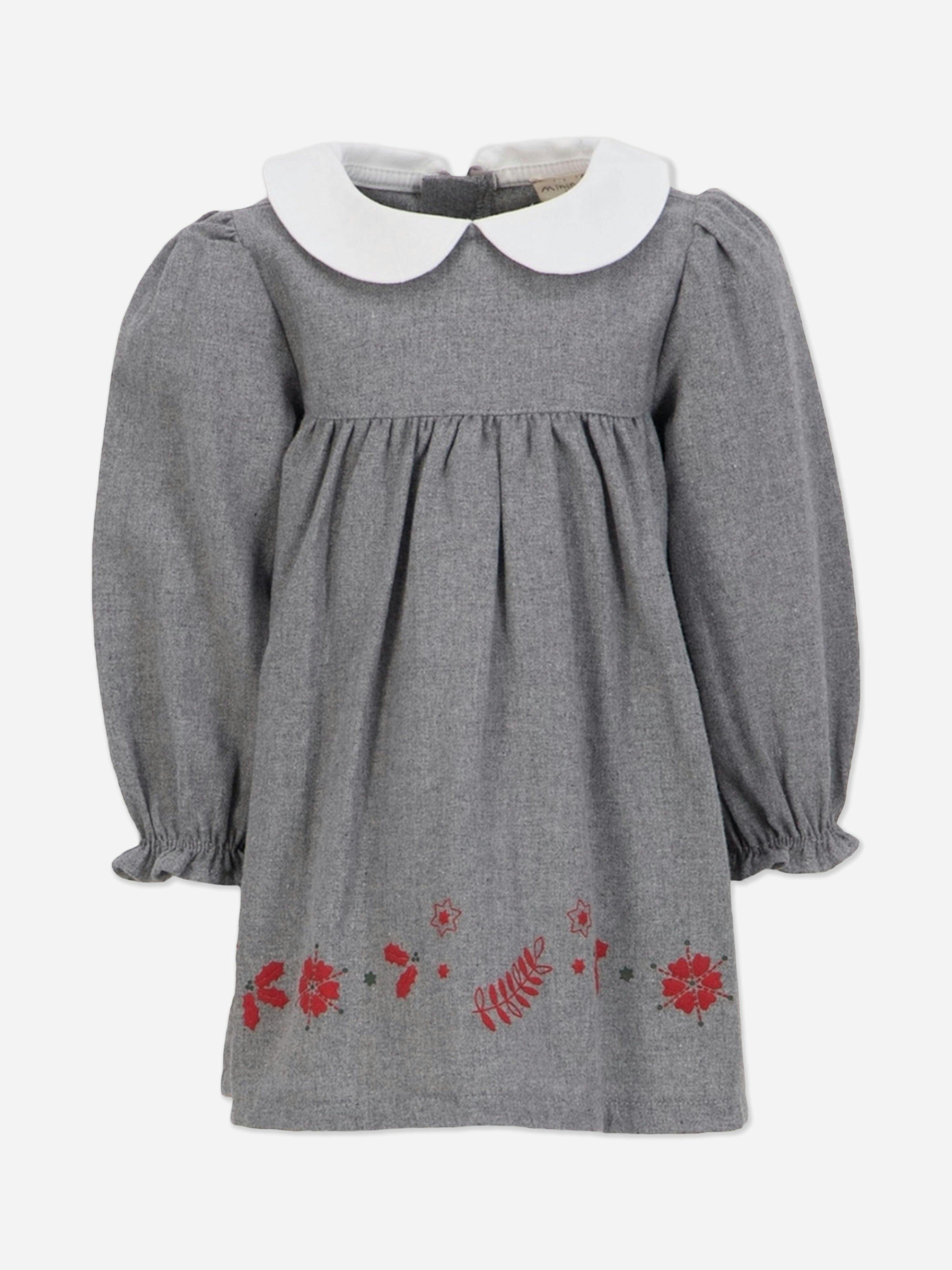 Mininio Women's Grey Baby Girls Embroidered Woven Dress In - 18 - 24 Mths