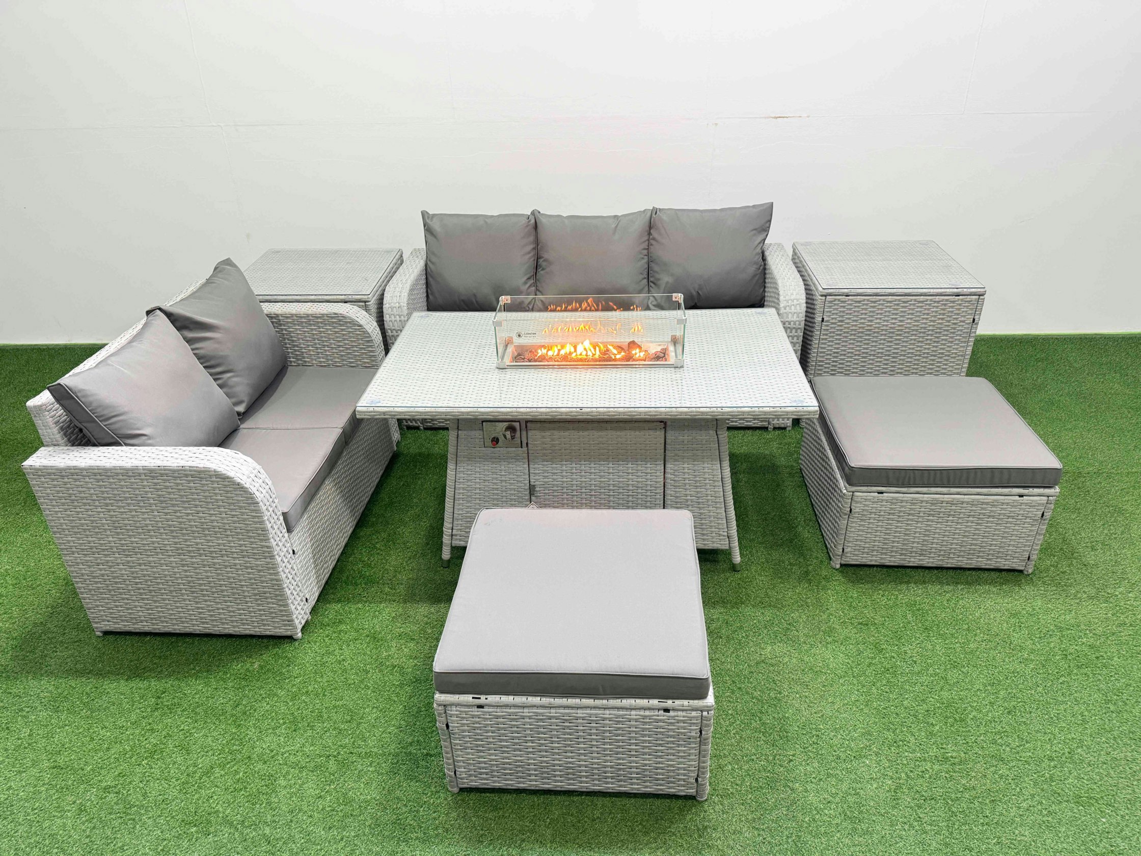 Fimous Light/Grey/Dark 7 Seater Rattan Garden Furniture Patio Conservatory Sofa Set With Fire Pit Dining Table 3 Seater Sofa Love Sofa 2 Big Footstool 2 Side Table
