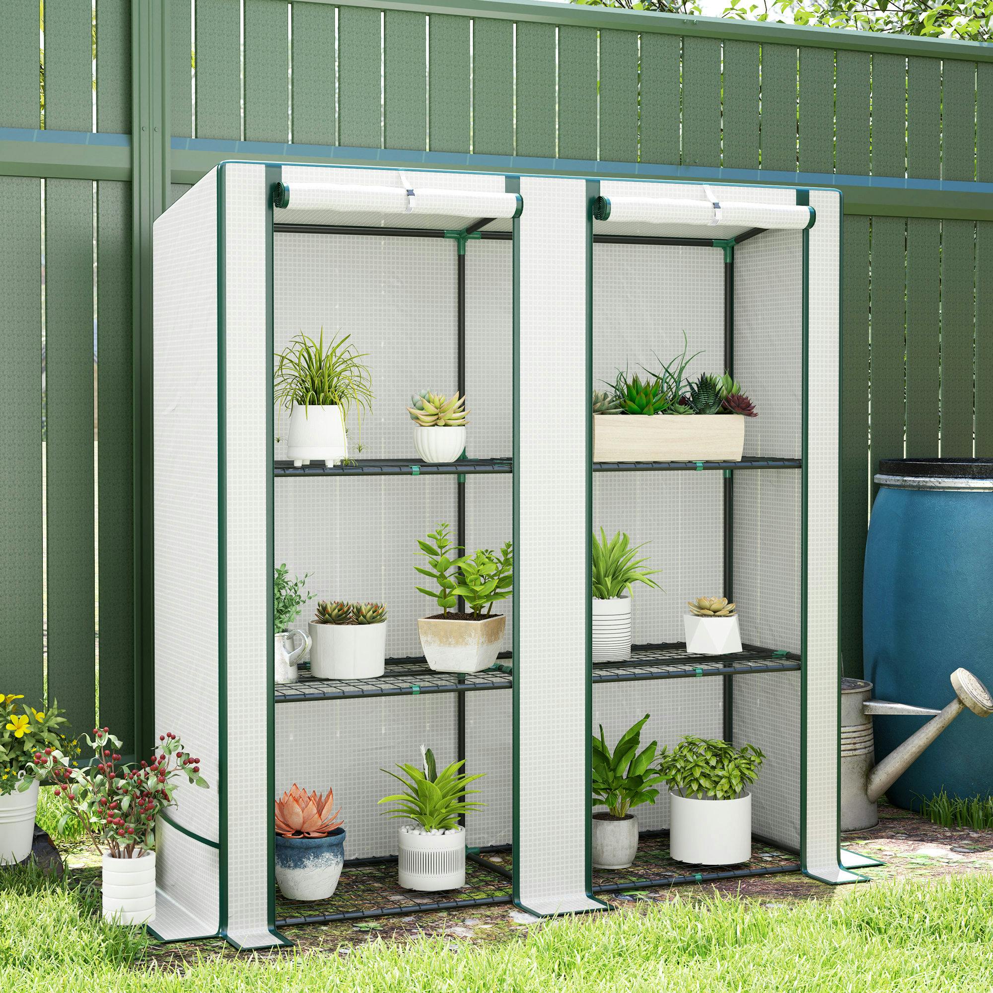Outsunny Green/White 3 Tier Lean-To Mini House With Hemmed Edging, - White