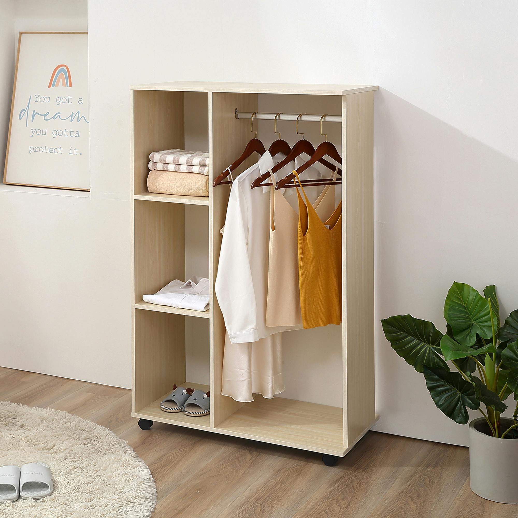 Rackhams Rolling Open Wardrobe Hanging Rail Storage Shelves For Clothes - Melamine - Rolling Garment Rack - Maple Wood-Effect