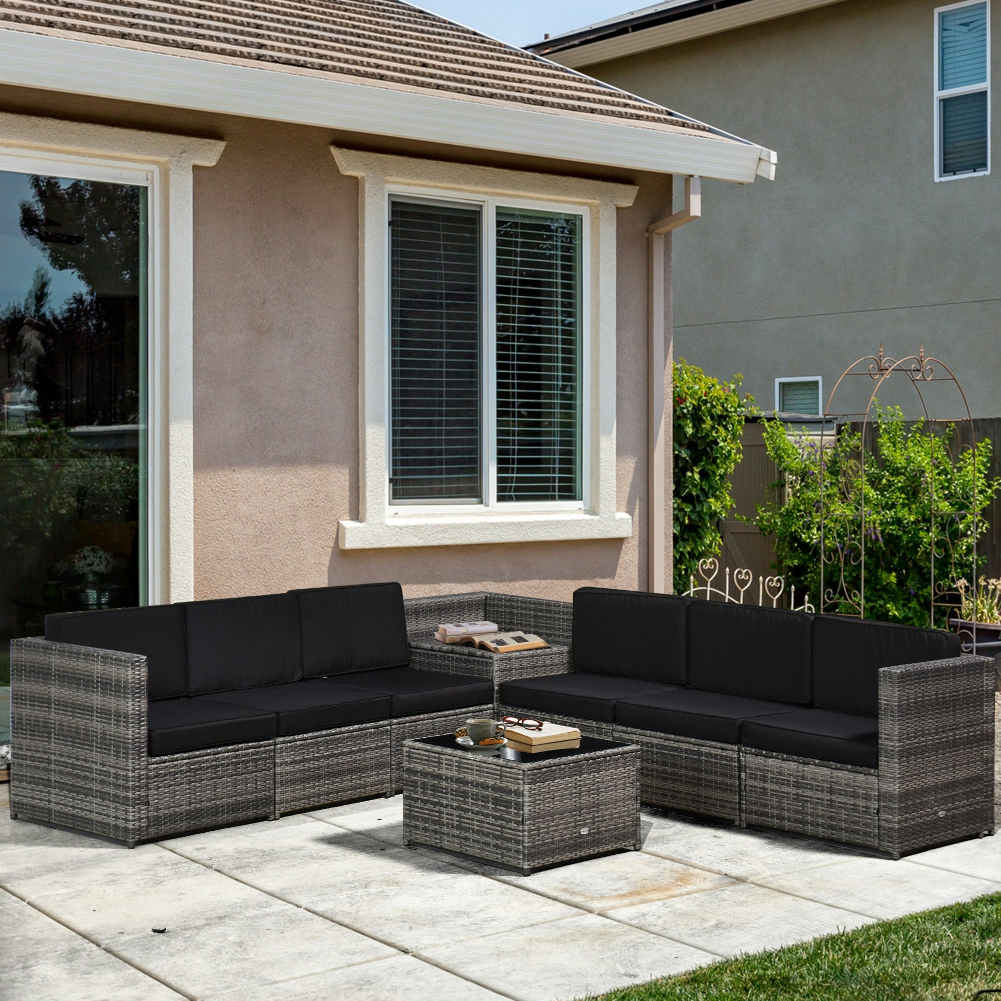 Outsunny Grey 8Pcs Patio Rattan Sofa Set Garden Furniture Side Table - Steel, Pe Rattan, Polyester - 58Cm X 58Cm X 37Cm