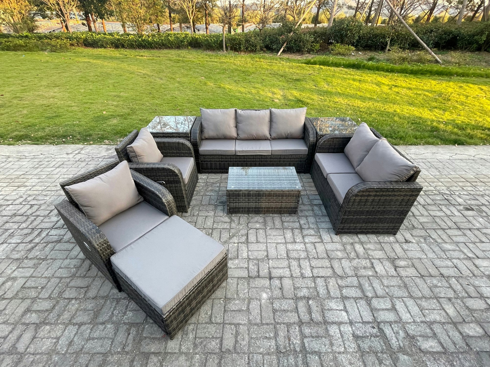 Fimous Dark/Grey 8 Seater Rattan Conservatory Sofa Set - Rectangular Coffee Table, 3-Seater Sofa, Loveseat & Footstool