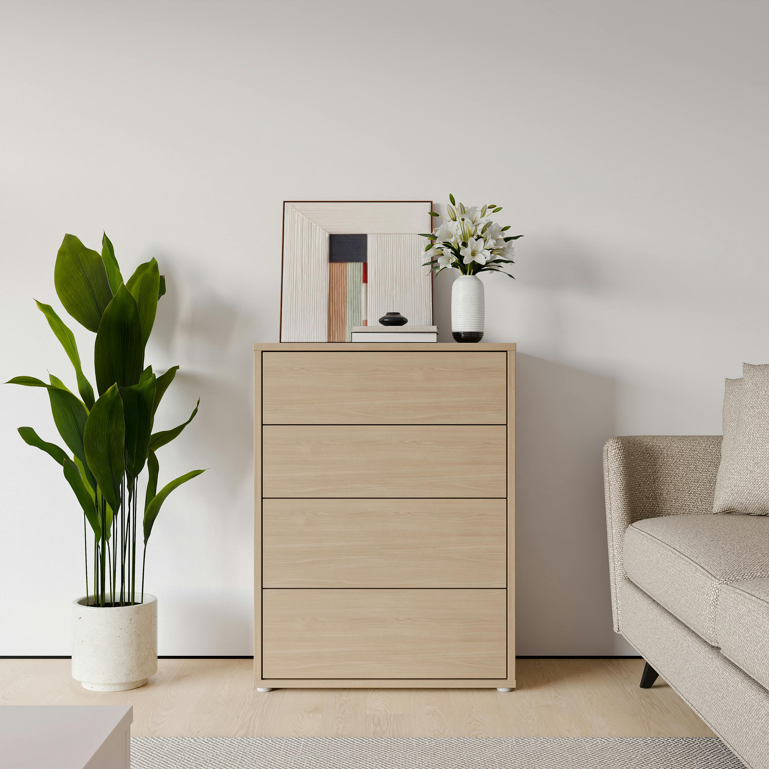 Rackhams White Alice Springs 4 Drawer Chest With Push-To-Open Drawers In Elegancia Oak And - Standard - Elegancia Oak And - Manufactured Wood