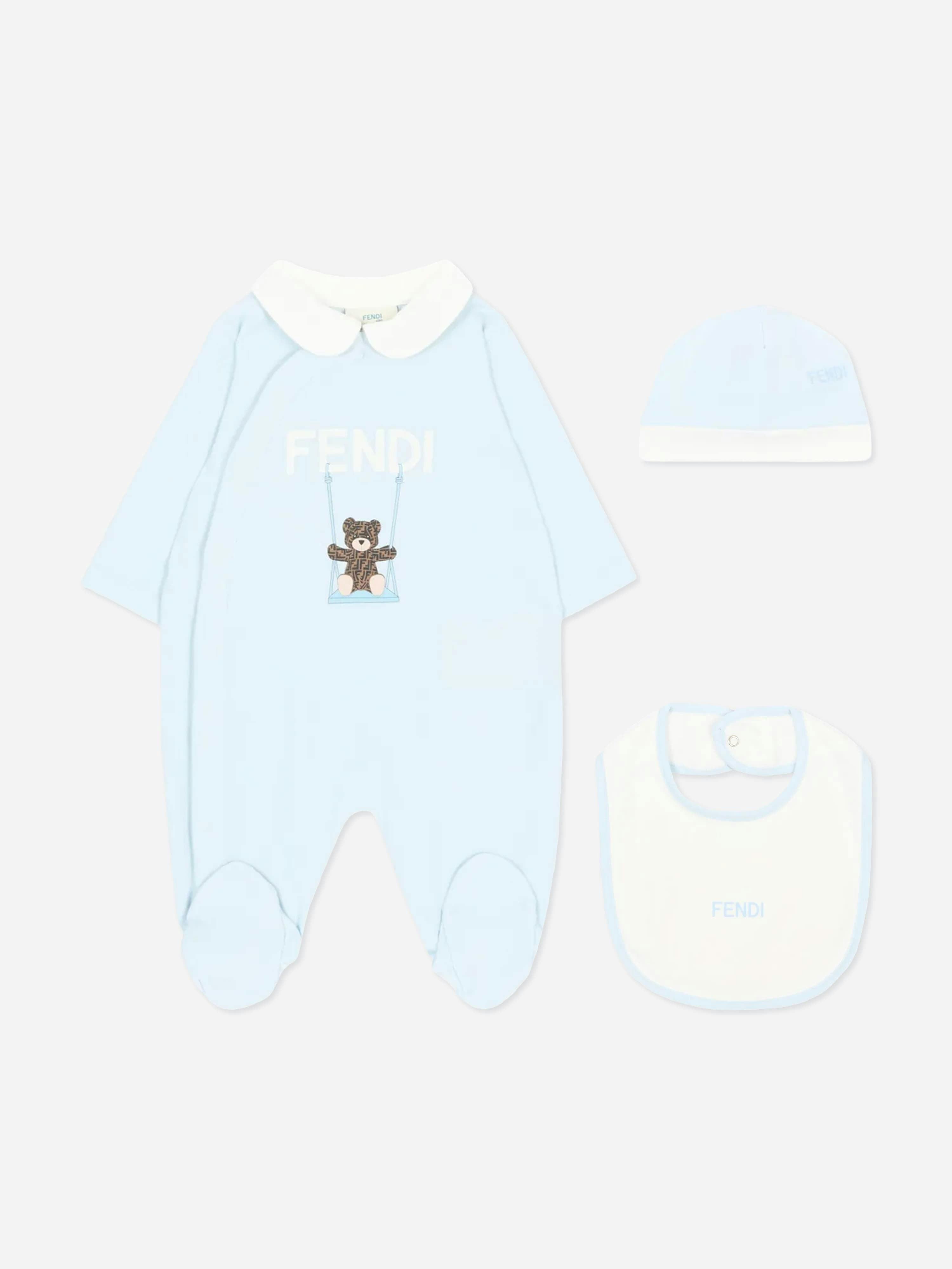 Fendi Kids Boys Blue Fendi Baby Babygrow Gift Set In - 6 Mths