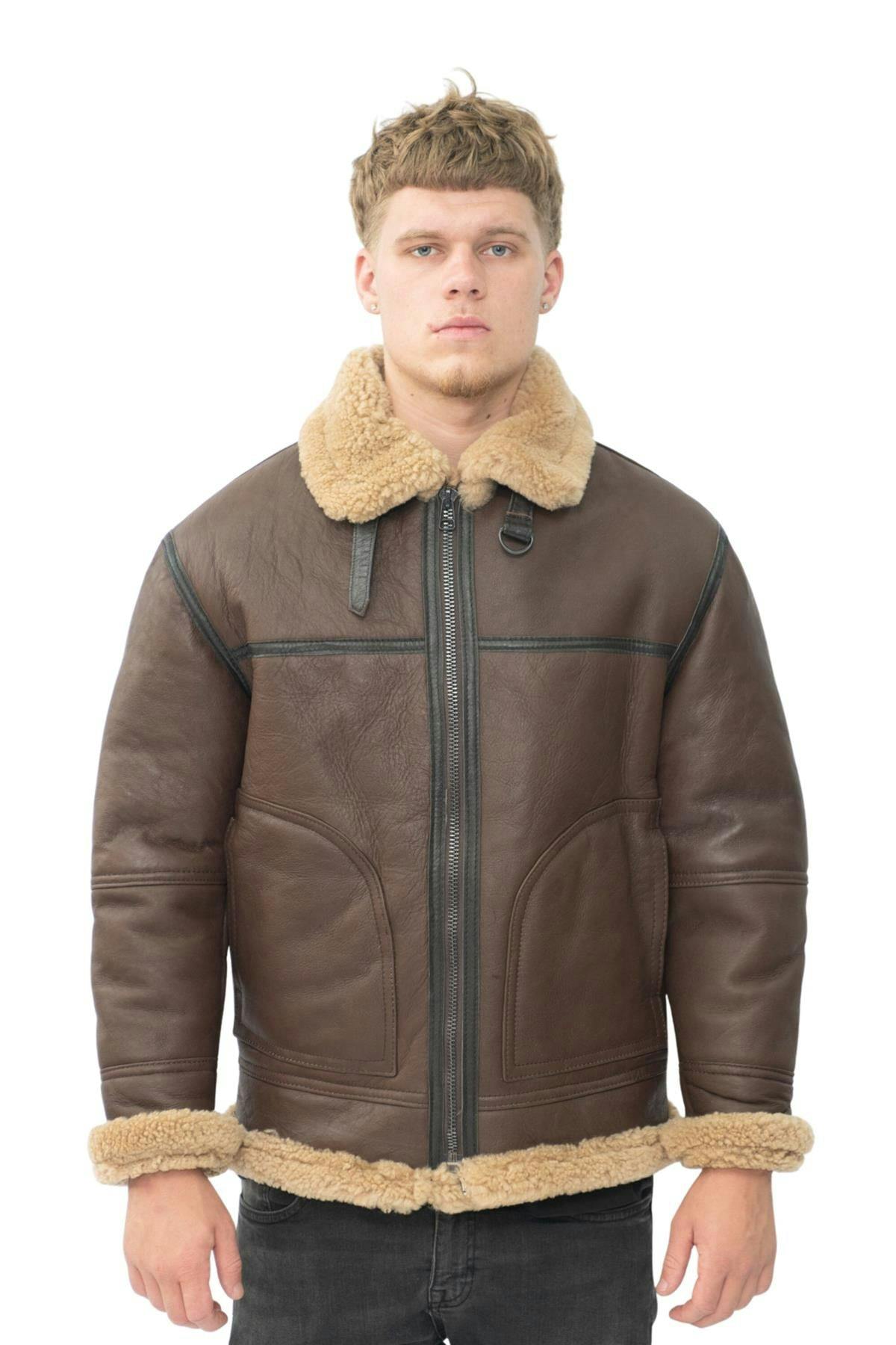 Infinity Leather Men's Brown B3 Shearling Sheepskin Aviator Jacket-Gloucester - Uk 2XL | Eu 54 | Us 44