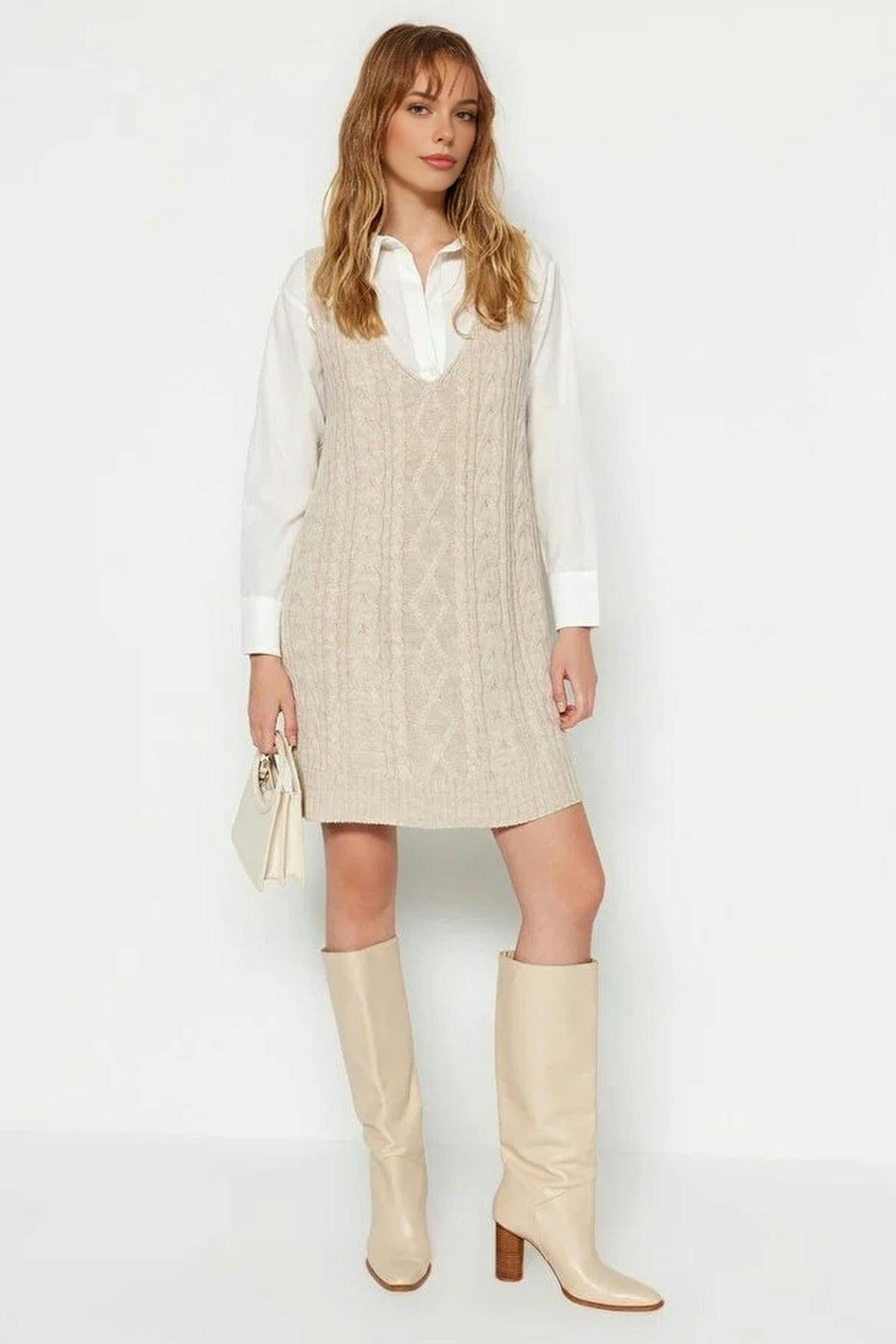 Wovcor Mini Hair Knitted Knitwear Vest Dress - Stone - M