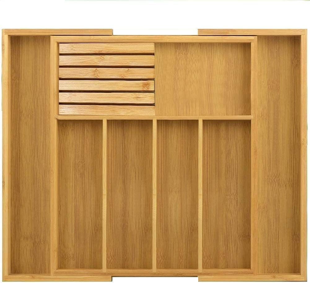 Mantraraj Brown Cutlery Drawer Organiser Expandable Bamboo Utensil Organiser With Knife Holder Kitchen Drawer Divider - Bamboo - Natural - Cutlery Drawer Organiser