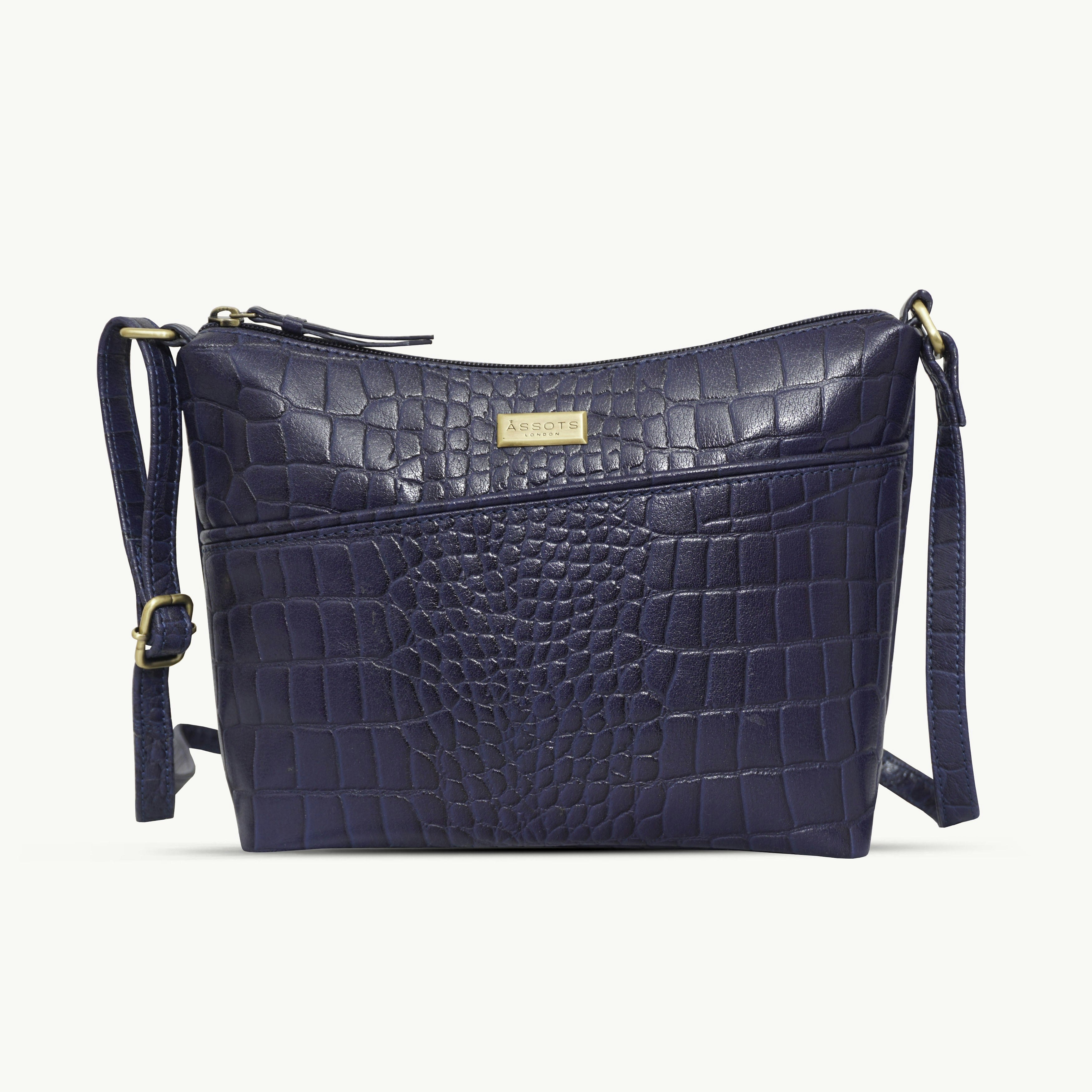 Assots London Gold 'Carol' Navy Croc Real Leather Designer Crossbody Shoulder Bag 29Cm