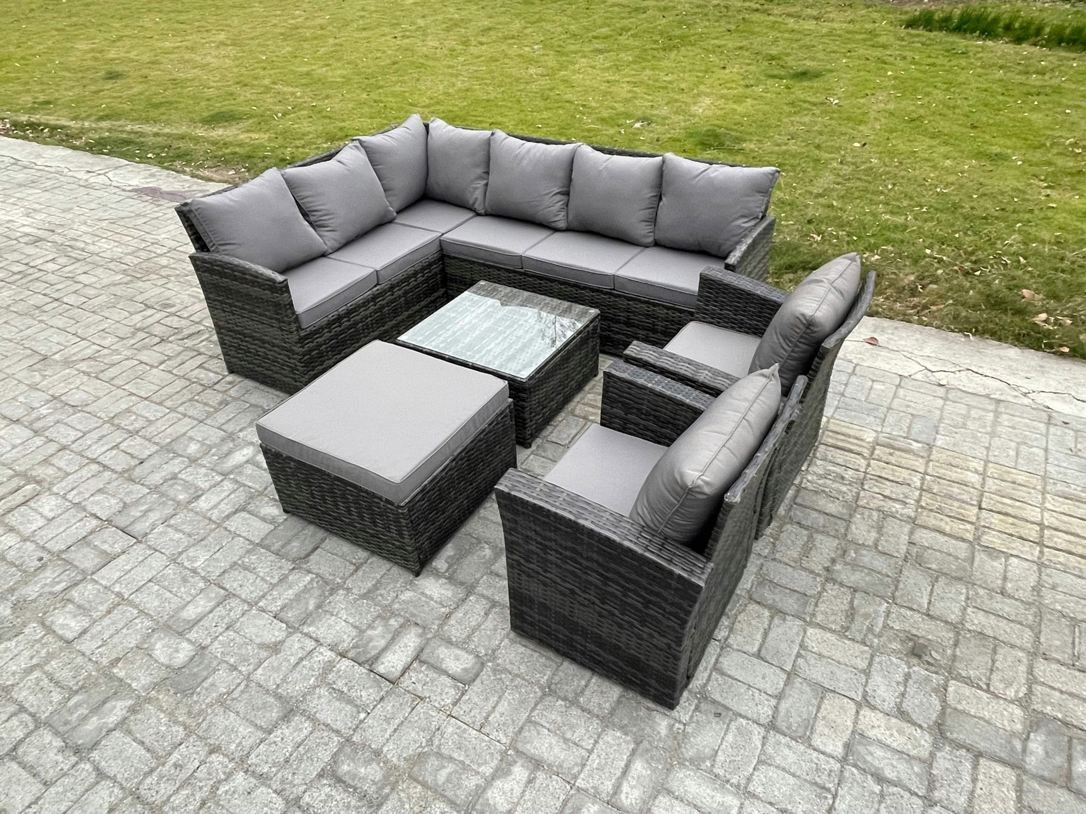 Fimous Dark/Grey Rattan Garden Furniture Sets High Back Corner Sofa Square Coffee Table Set With Big Footstool 2 Armchairs Mixed