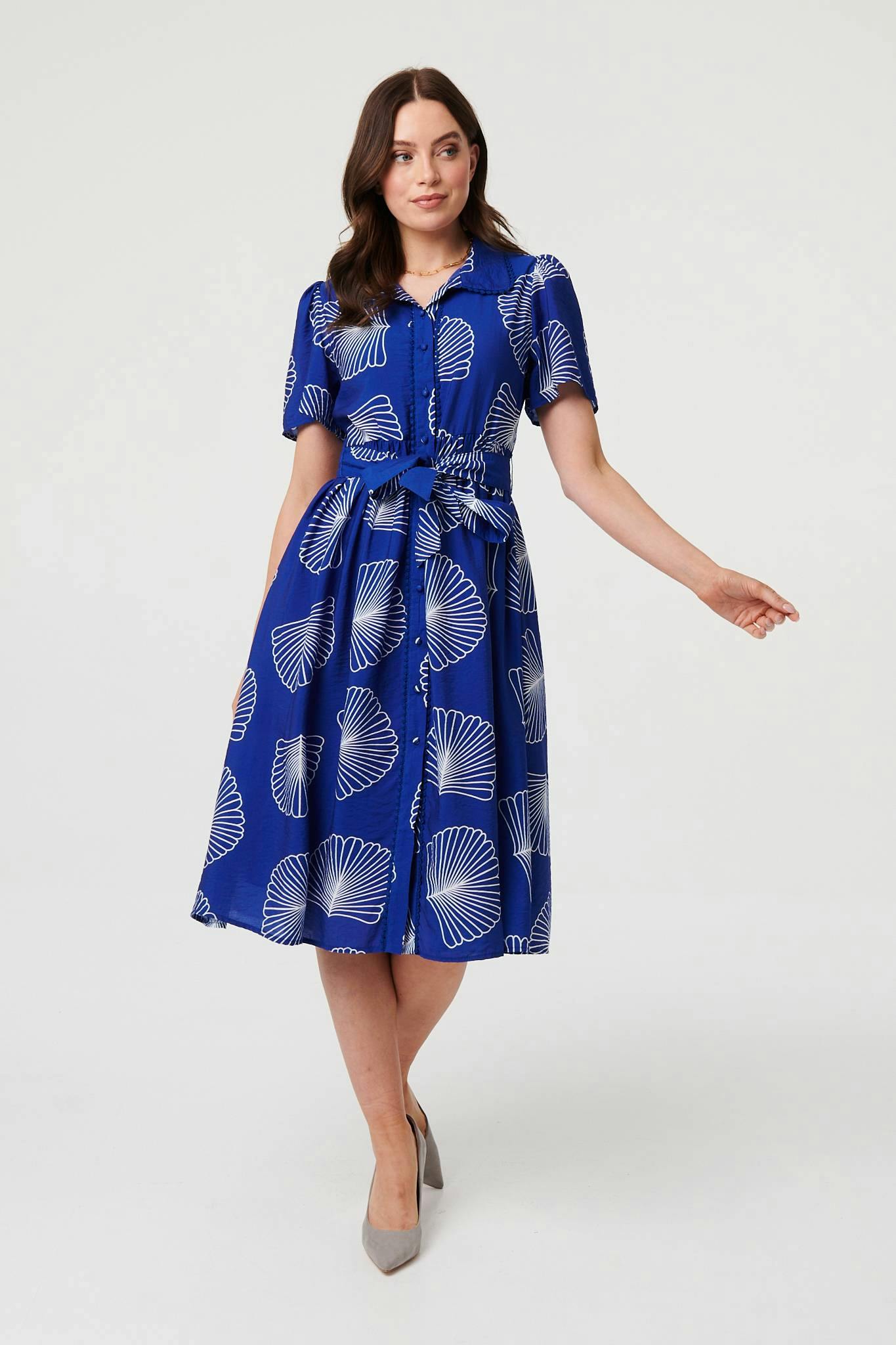 Izabel London Blue Printed Short Sleeve Tie Midi Dress - 8
