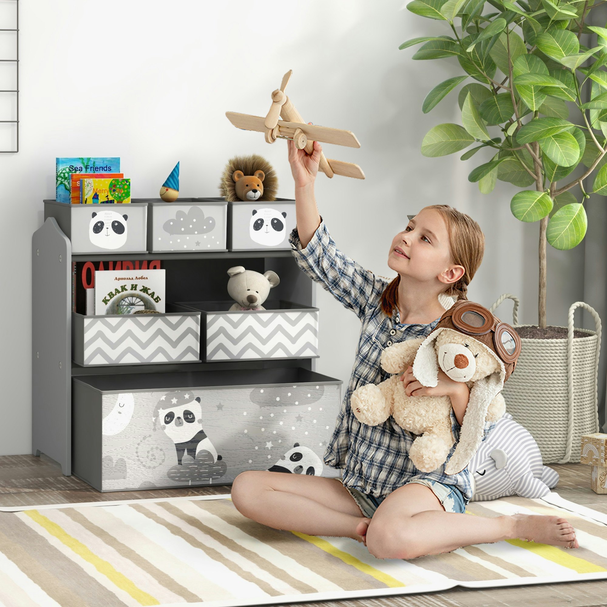 Rackhams Grey Kids Storage Unit With 6 Boxes, Toy Storage Organiser,