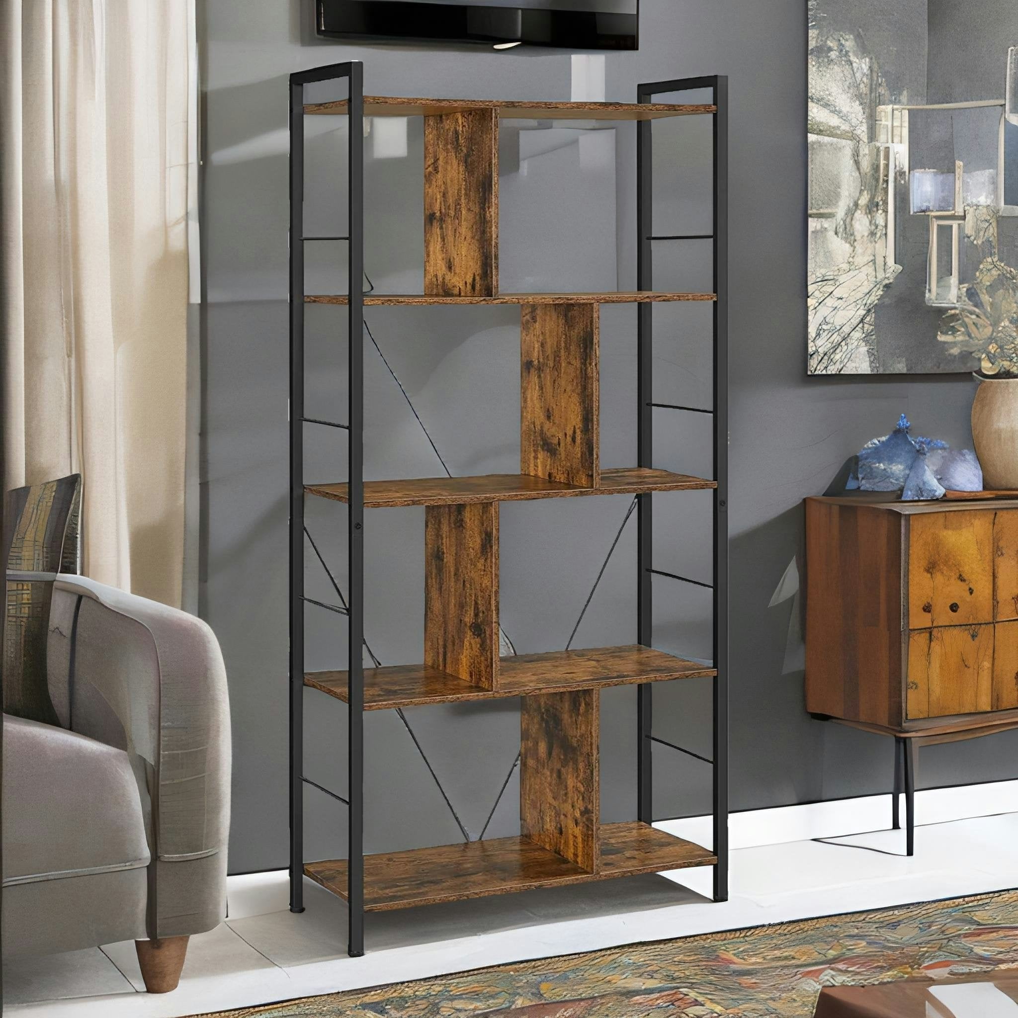 Rackhams Brown Industrial 5 Tier Rustic Bookcase Zig Zag