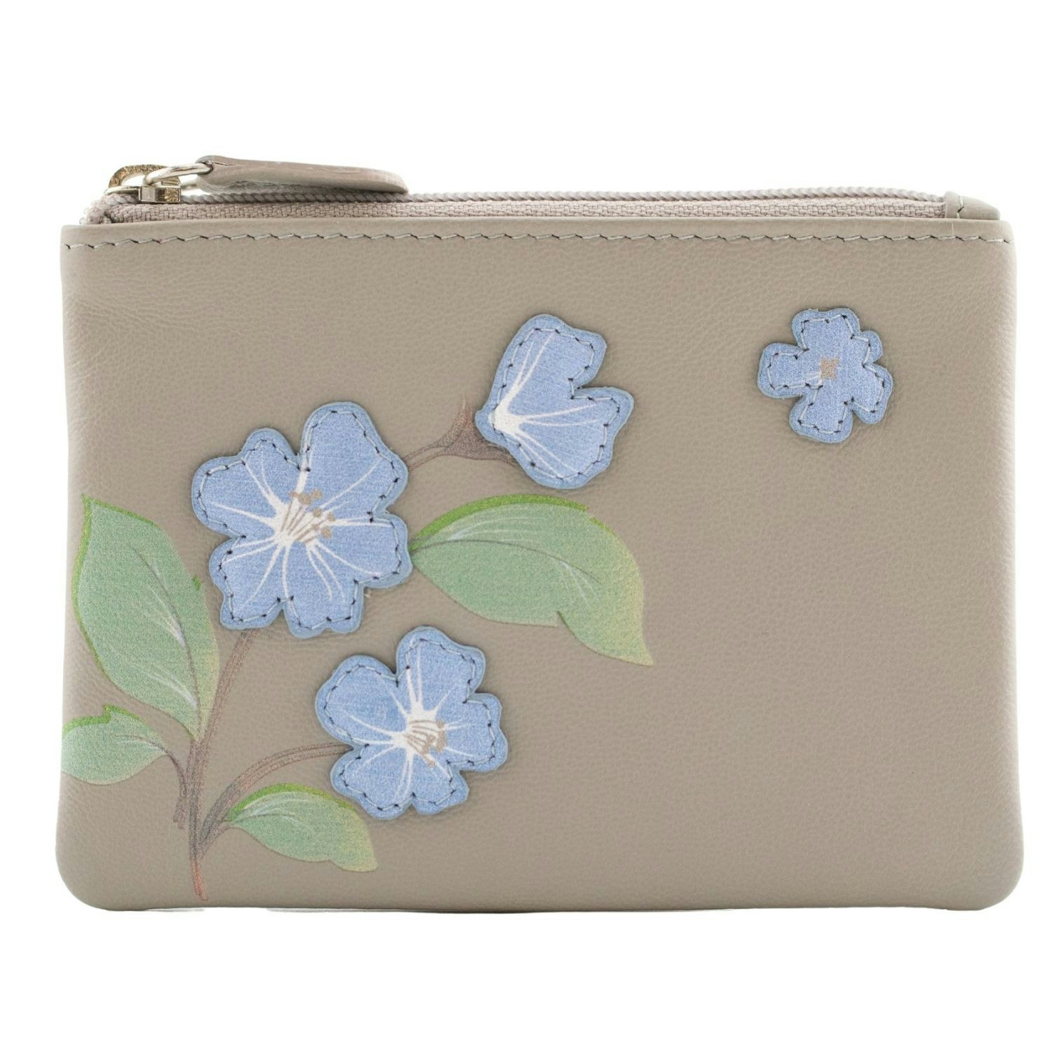 Mala Leather Grey Sakura Collection Card & Coin Purse – Floral Appliqué – Rfid