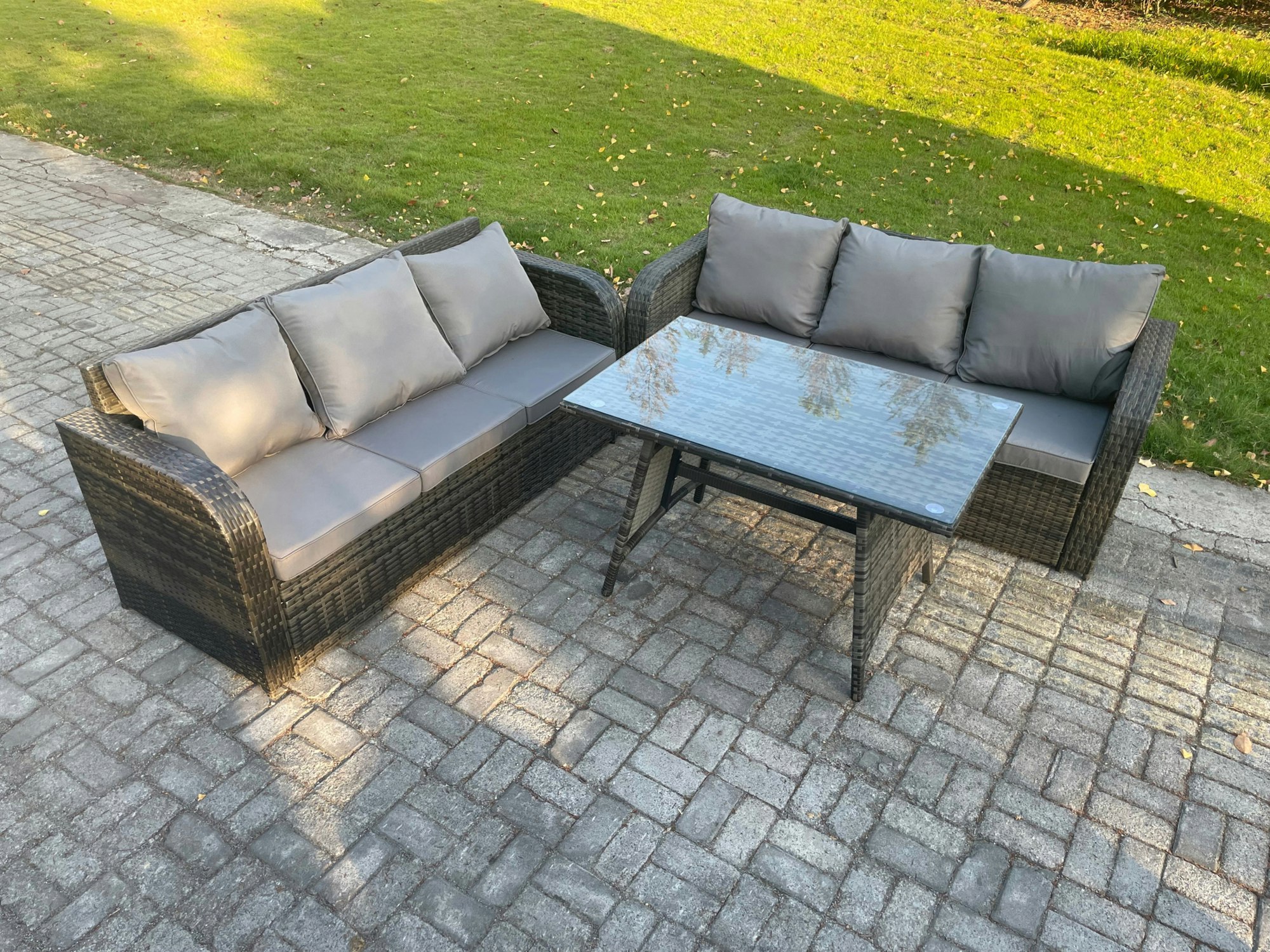 Rackhams Dark/Grey 6 Seater Garden Furniture Sofa Set Rectangular Dining Table Indoor Outdoor Rattan Set Mixed