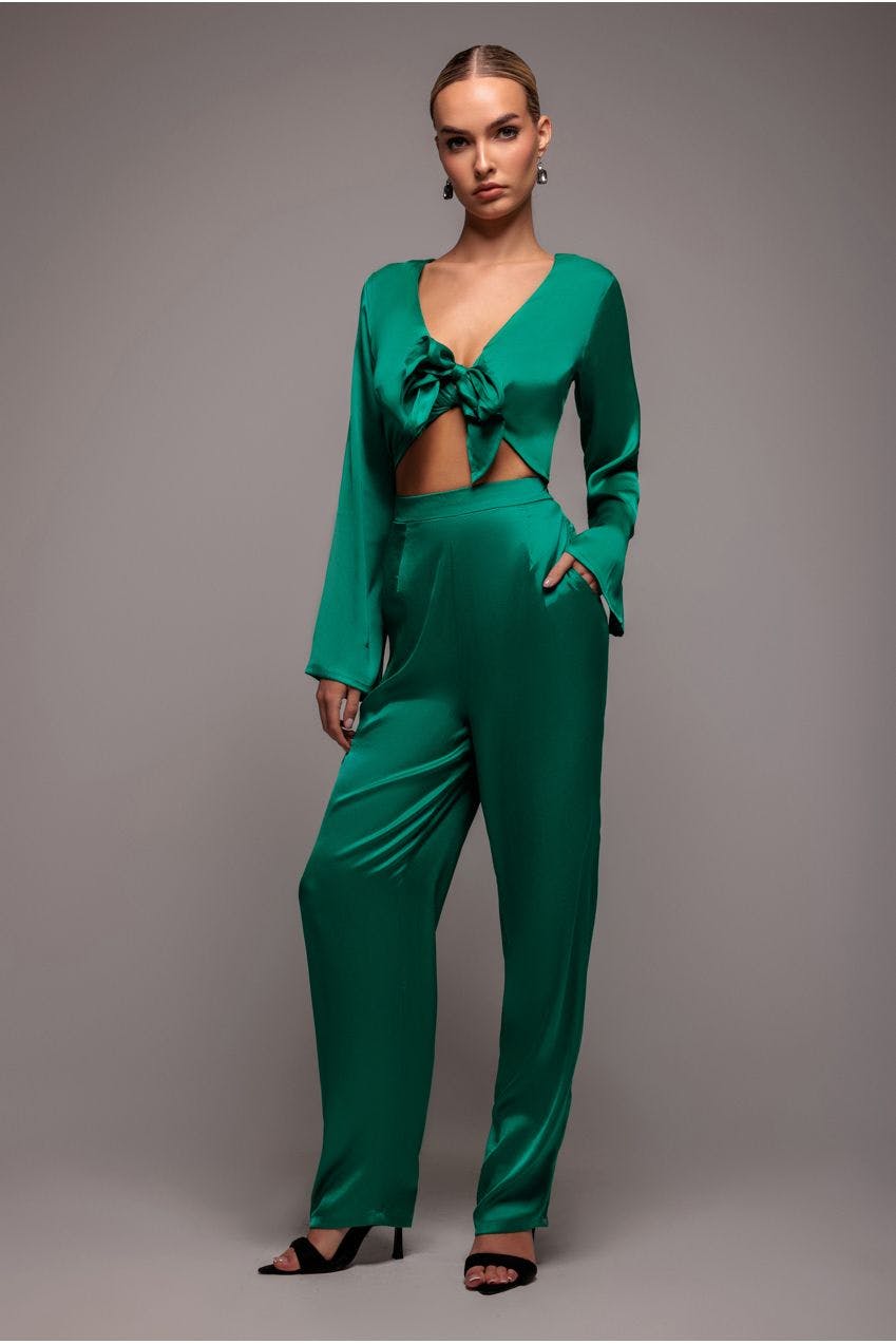 Goddiva Cut Out Satin Jumpsuit - Emerald By - Emerald - 10