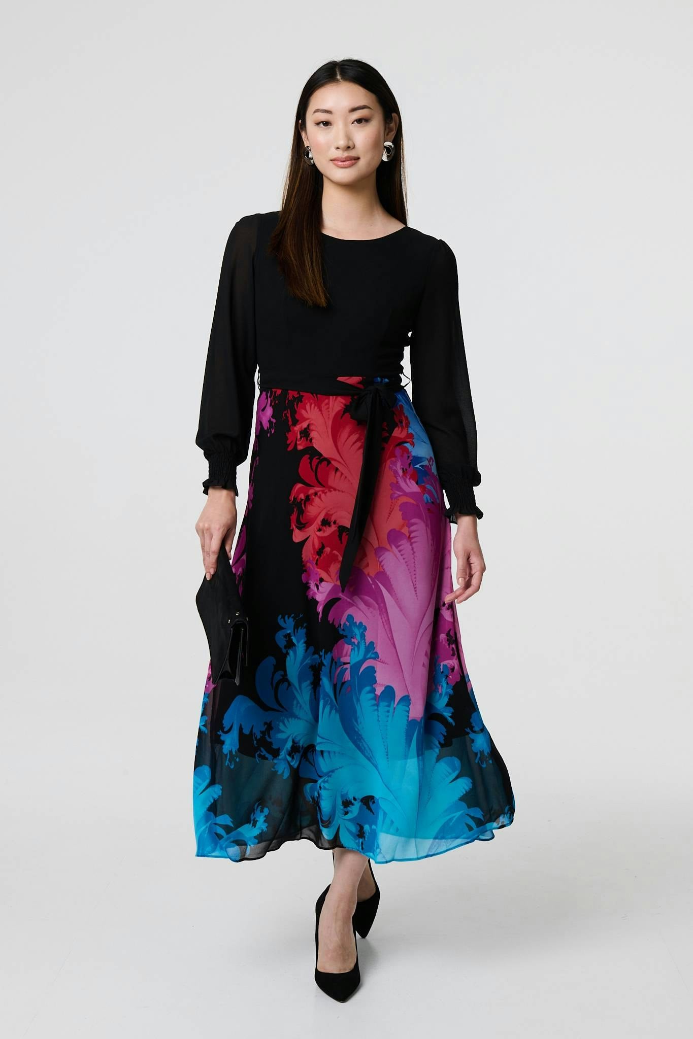 Izabel London Floral Contrast Print Tie Waist Midi Dress - 12