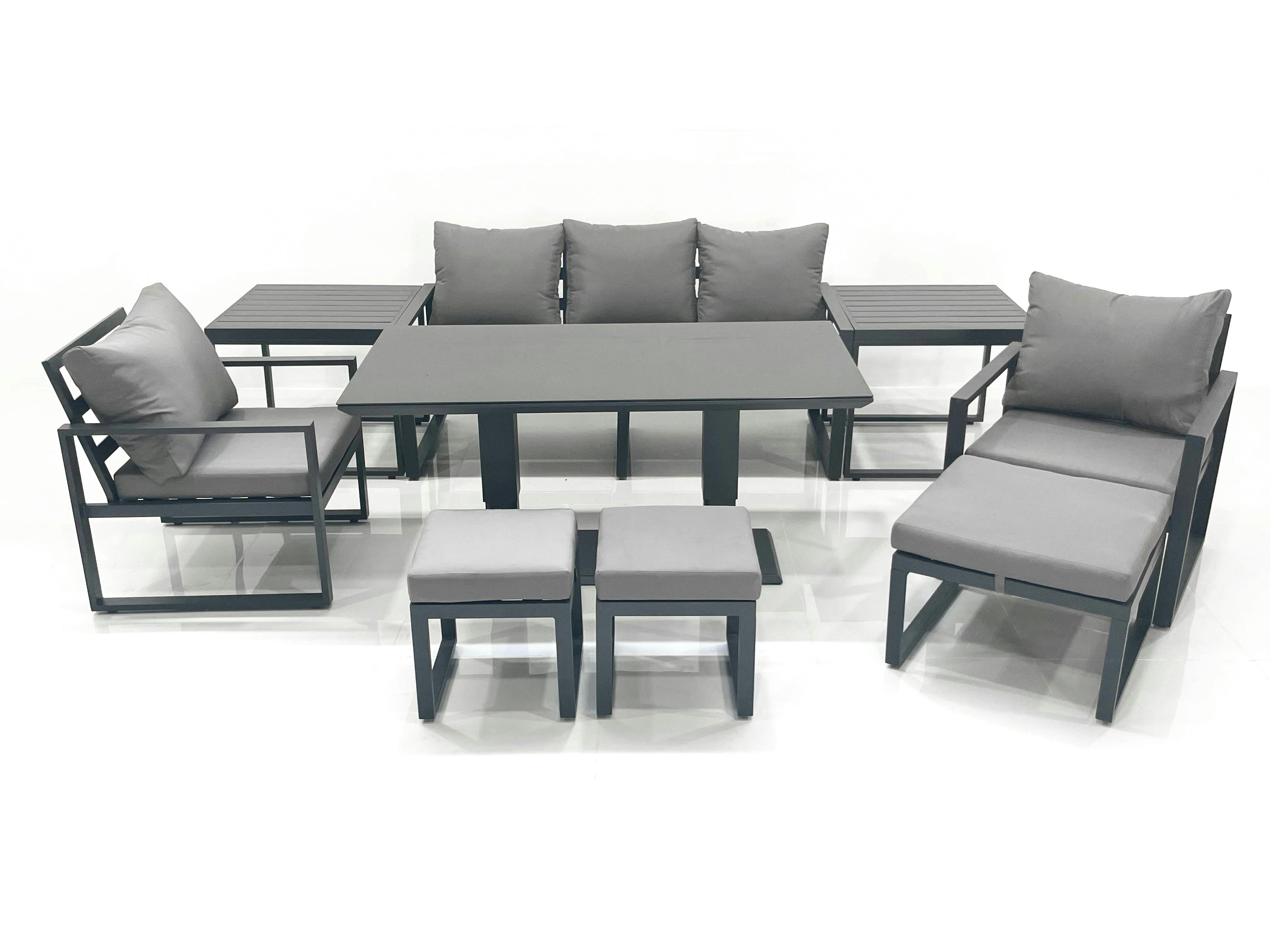 Rackhams Dark/Grey 8 Seater Aluminium Outdoor Garden Furniture Set With Adjustable Rising Dining Table 3 Seater Sofa 2 Chair 3 Footstool 2 Side Tables