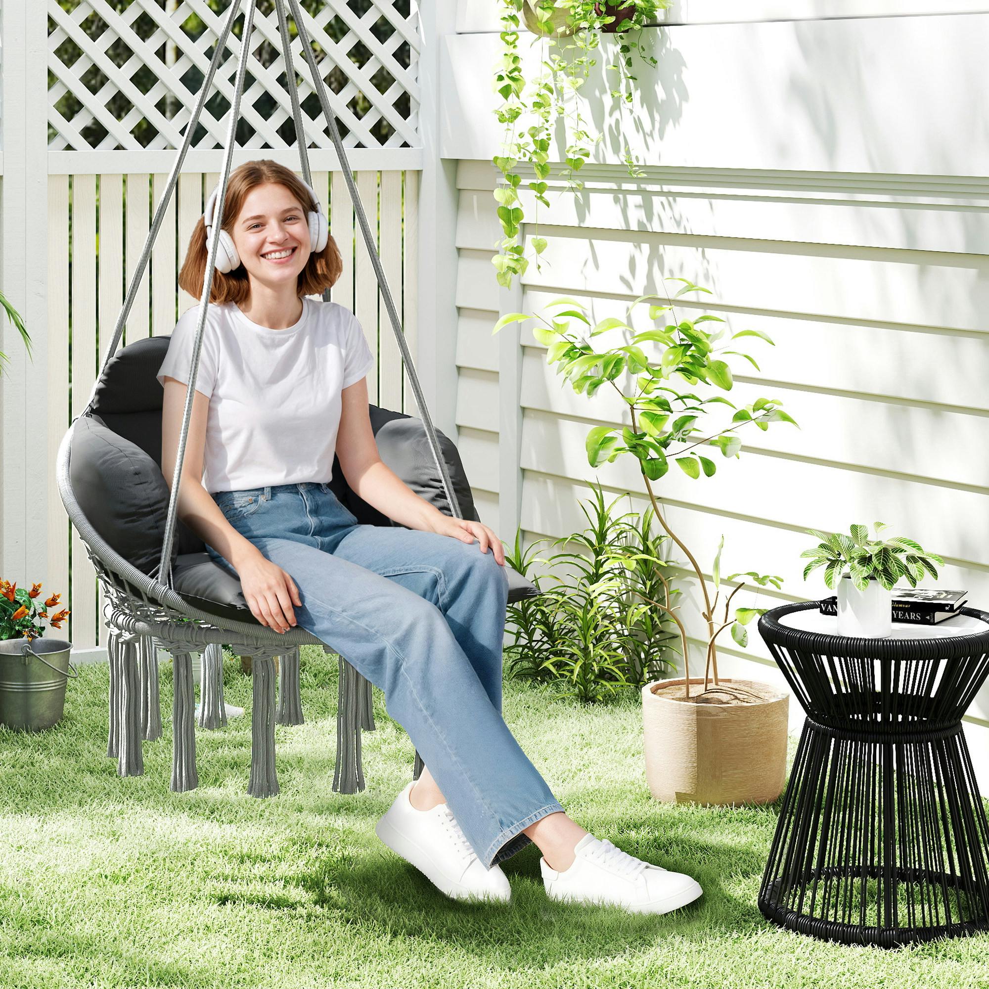 Rackhams Dark/Grey Hammock Chair, Boho Hanging Swing Chair With Cushion,