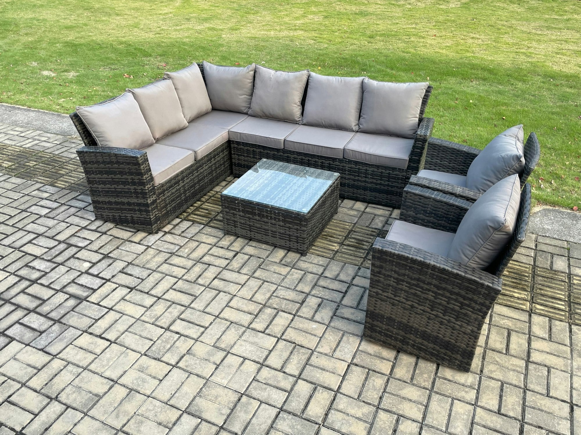 Fimous Dark/Grey Rattan Garden Furniture Set Outdoor Lounge Corner Sofa Set With Square Coffee Table 2 Armchairs 8 Seater Mixed