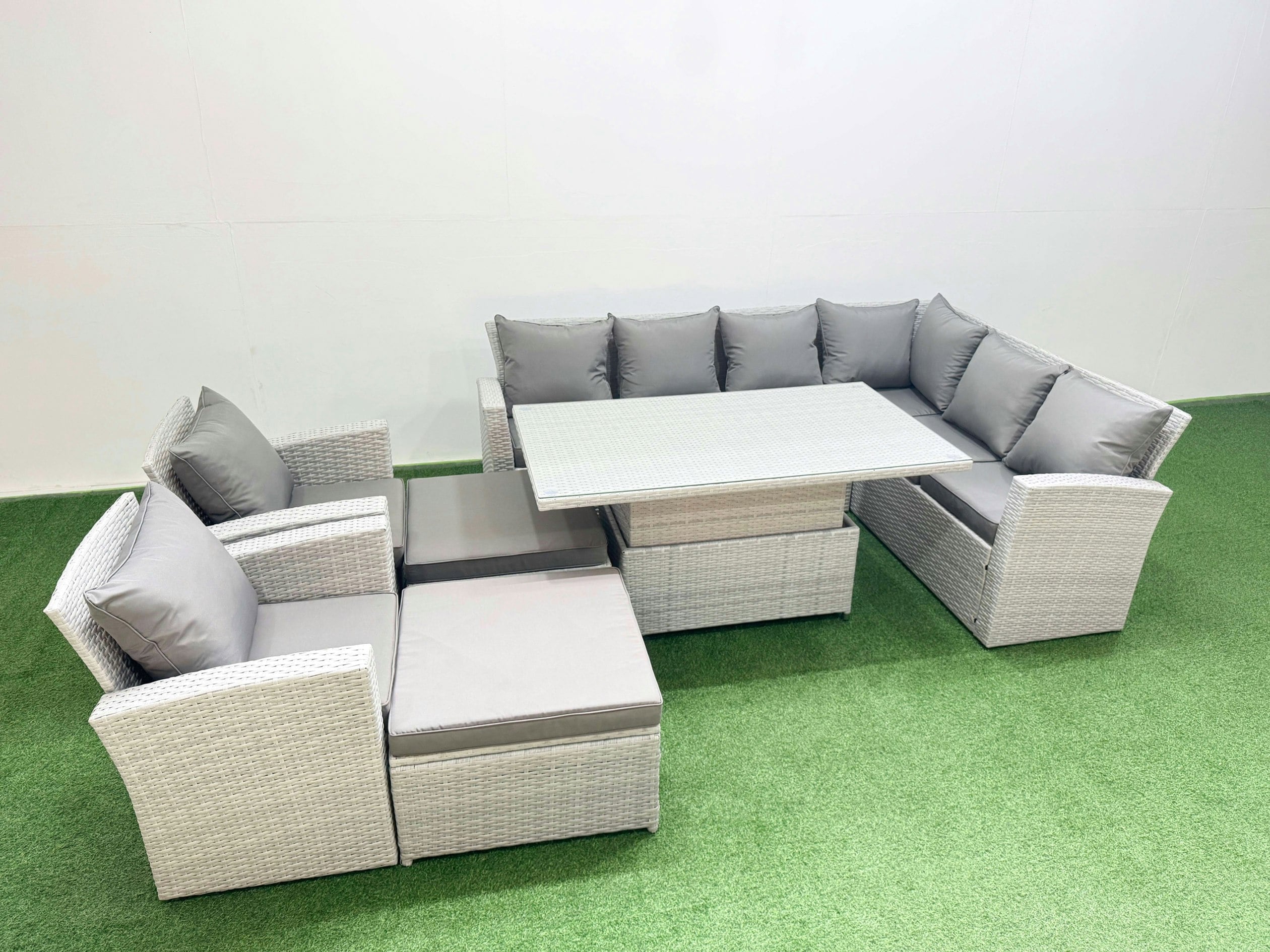 Rackhams Light/Grey 10 Seat Rattan Garden Furniture Corner Sofa Set Outdoor Adjustable Lifting Dining Or Coffee Table Set With Armchair