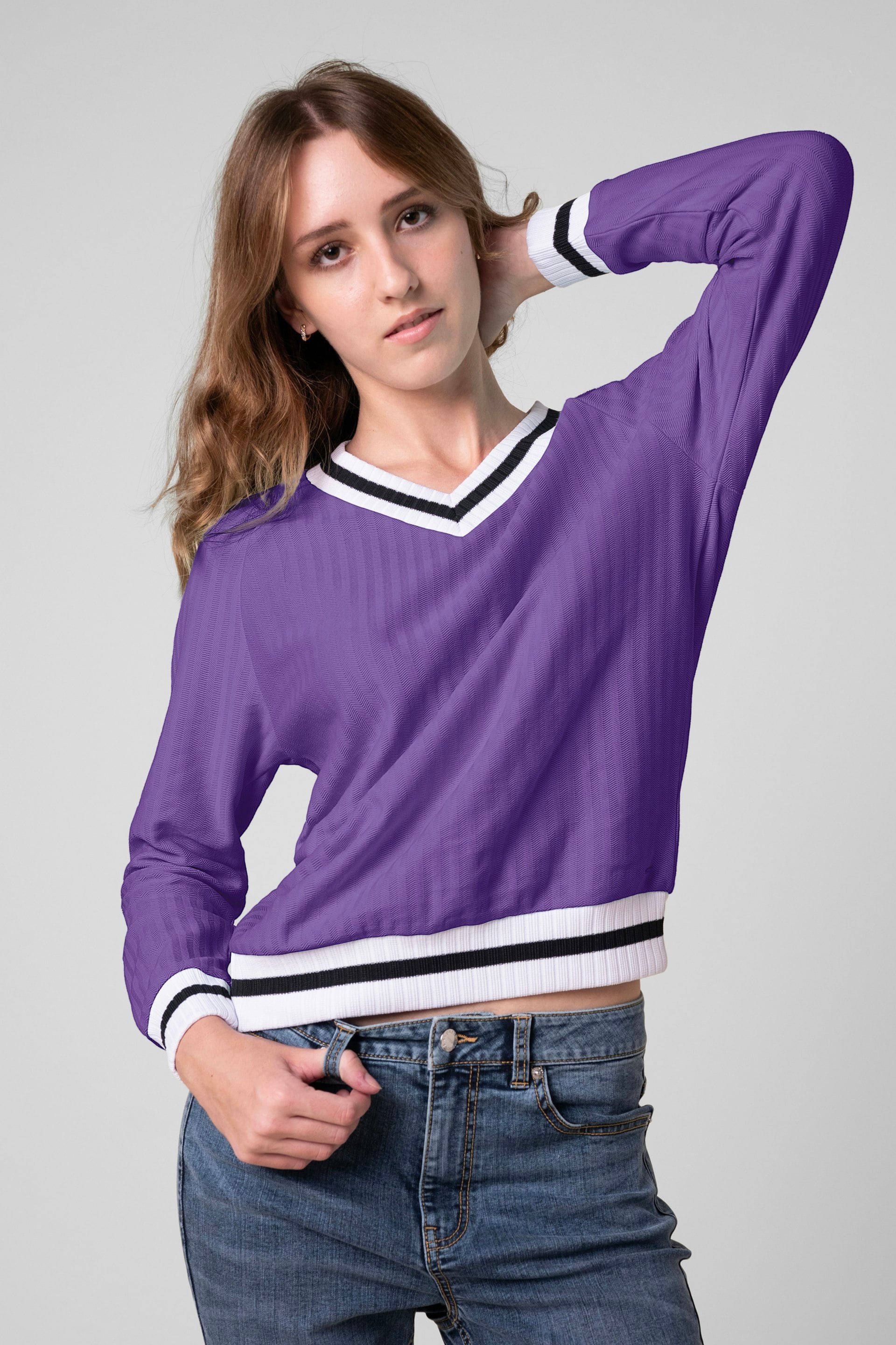 Enorsia Women's Purple V-Neck Herringbone Effect Sweatshirts - 14 - 55% Cotton, 45% Polyester
