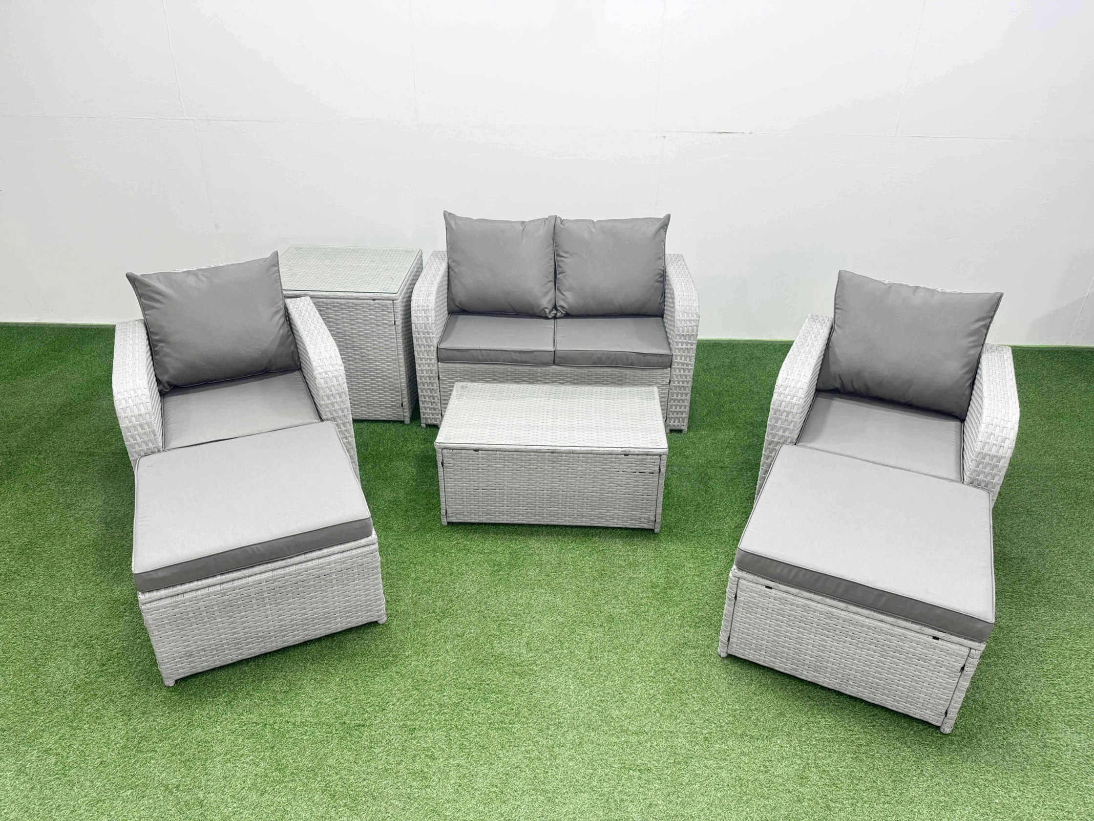 Rackhams Light/Grey Pe Wicker Rattan Garden Furniture Set Sofa Set Reclining Adjustable Chair Rectangular Coffee Table 6 Seater 3 Big Stools Side Table