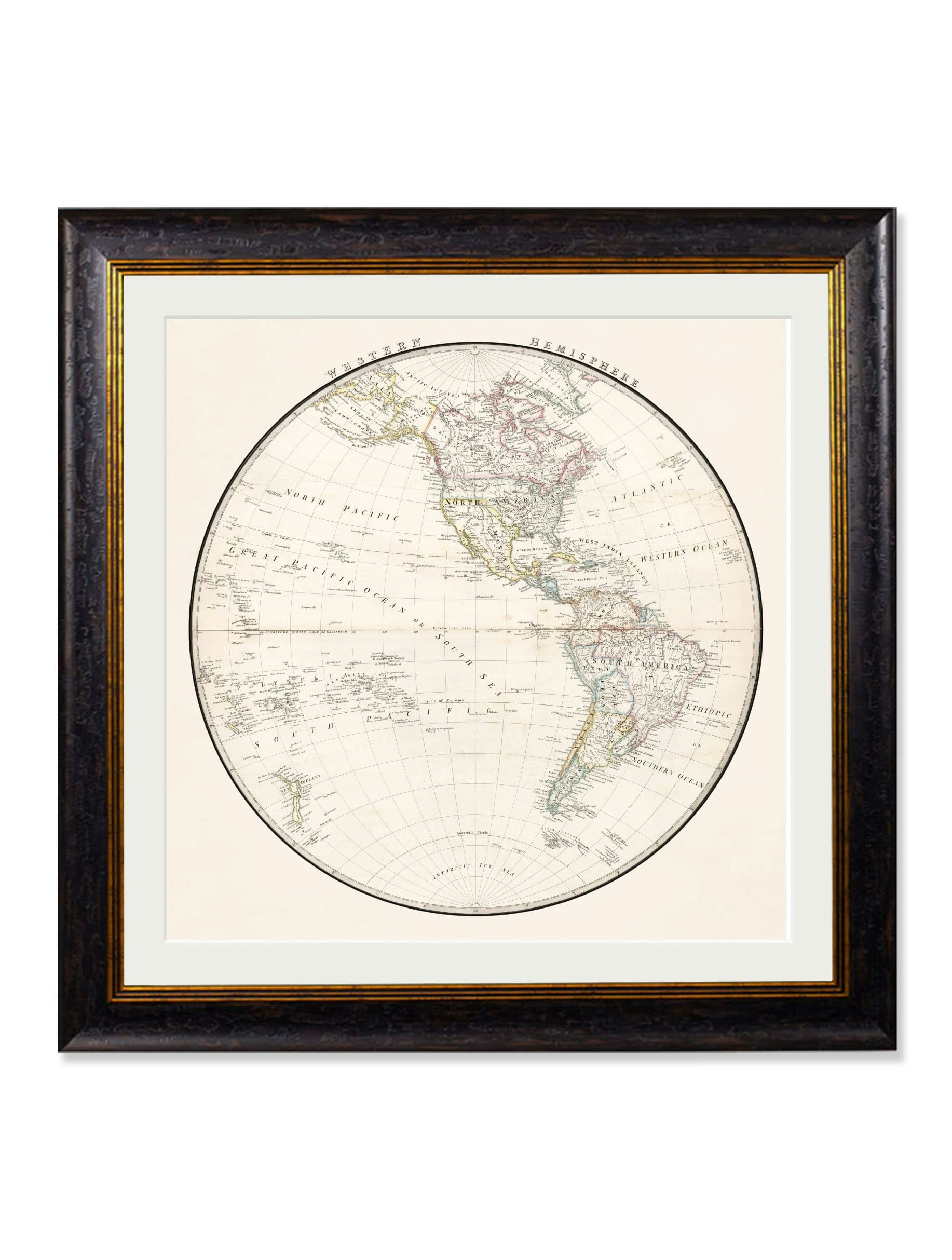 Rackhams Black C.1838 World Map Hemispheres - 96 X 96Cm - Western Hemisphere