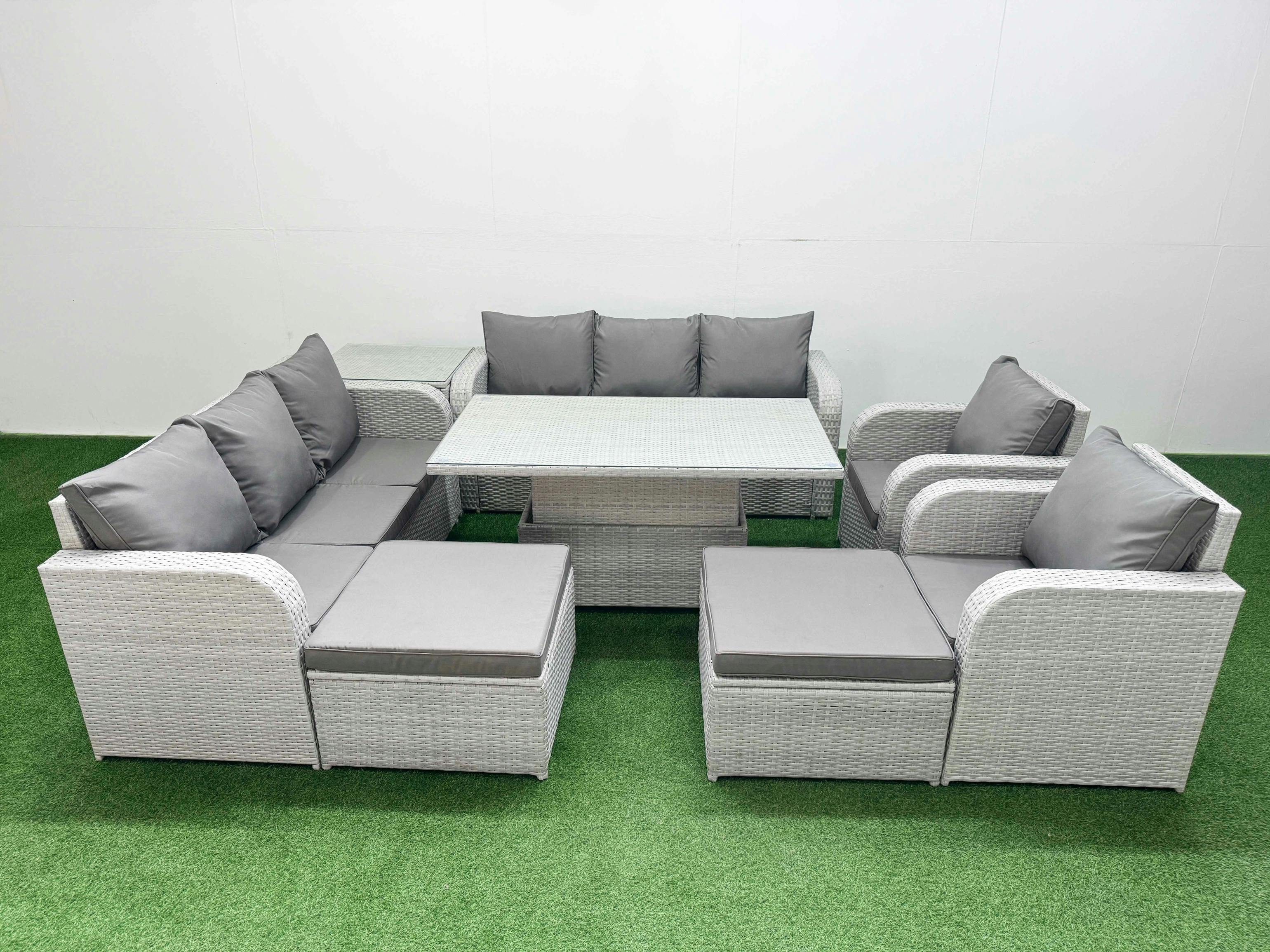 Rackhams Light/Grey Rattan Garden Furniture Set With Adjustable Height Table, 2 Sofas, 2 Reclining Chairs, 2 Footstools & 1 Side Table