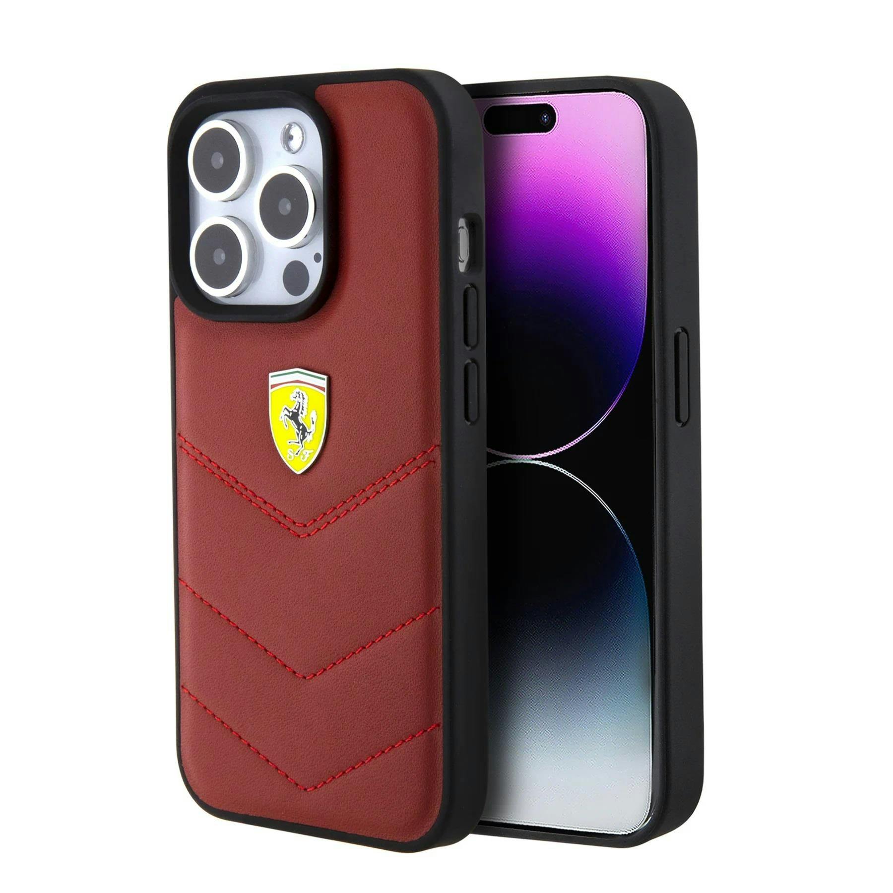 Ferrari Red Hard Case Leather Stitched Line For Iphone 15 Pro 6.1" - Fehcp15lrdur