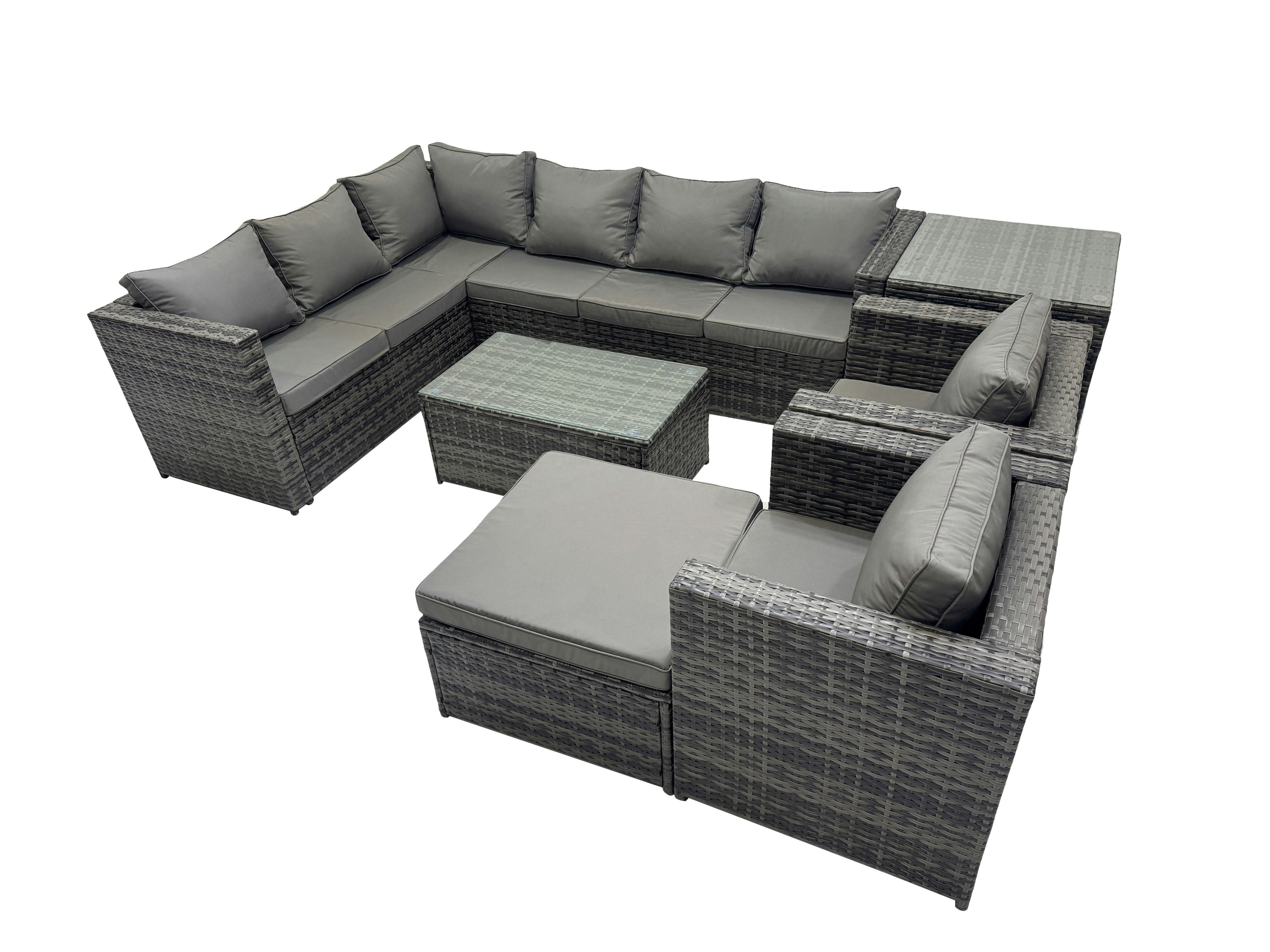Fimous Dark/Grey Outdoor Rattan Rectangular Coffee Table Corner Sofa Sets Garden Furniture Set With 2 Chairs Big Stool Side Table Mixed