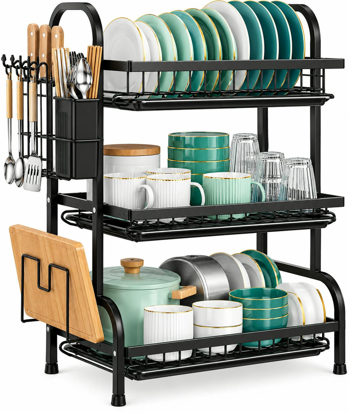 Rackhams Black 3 Tier Dish Drying Rack With Drip Trays, Cutlery & Chopping Board Holder –