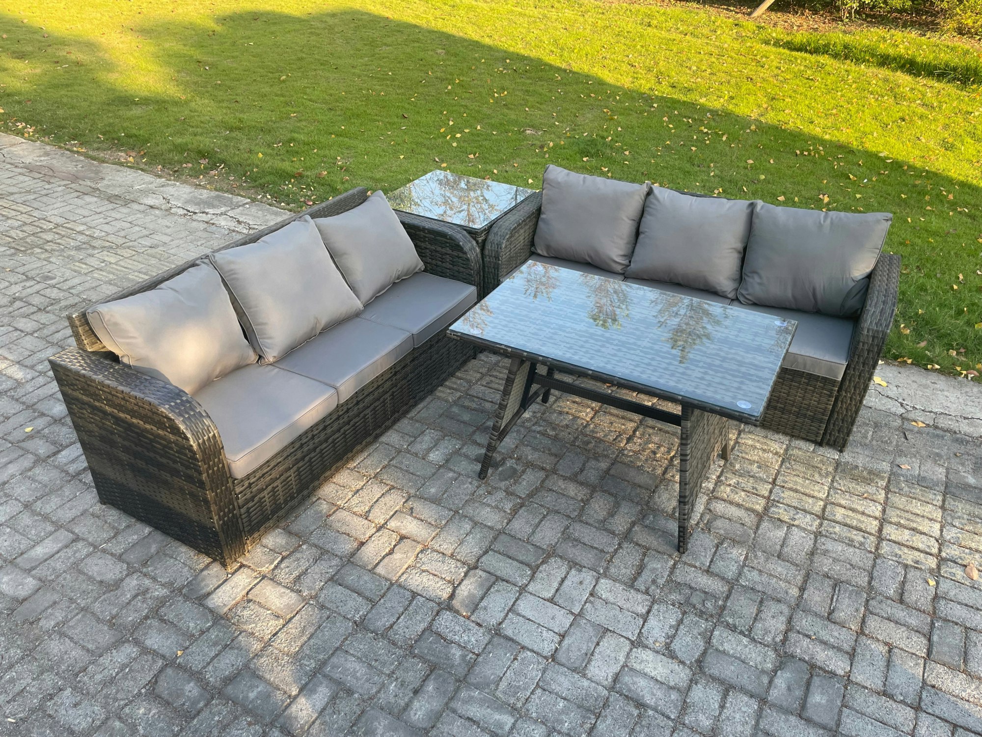 Rackhams Dark/Grey Garden Furniture Sofa Set Rectangular Dining Table Indoor Outdoor 6 Seater Rattan Set Mixed