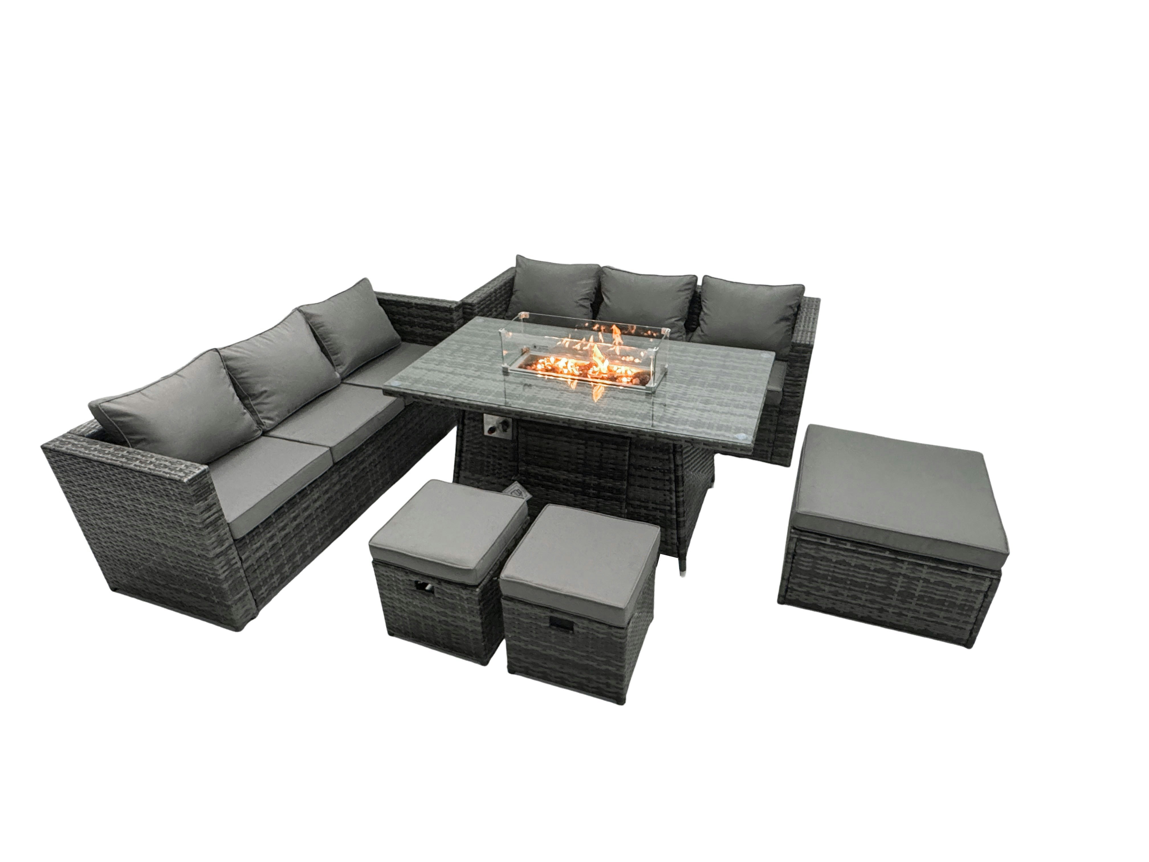 Rackhams Dark/Grey Rattan Garden Furniture Fire Pit Dining Set 6 Seater Lounge Sofa Table Set With 3 Footstool
