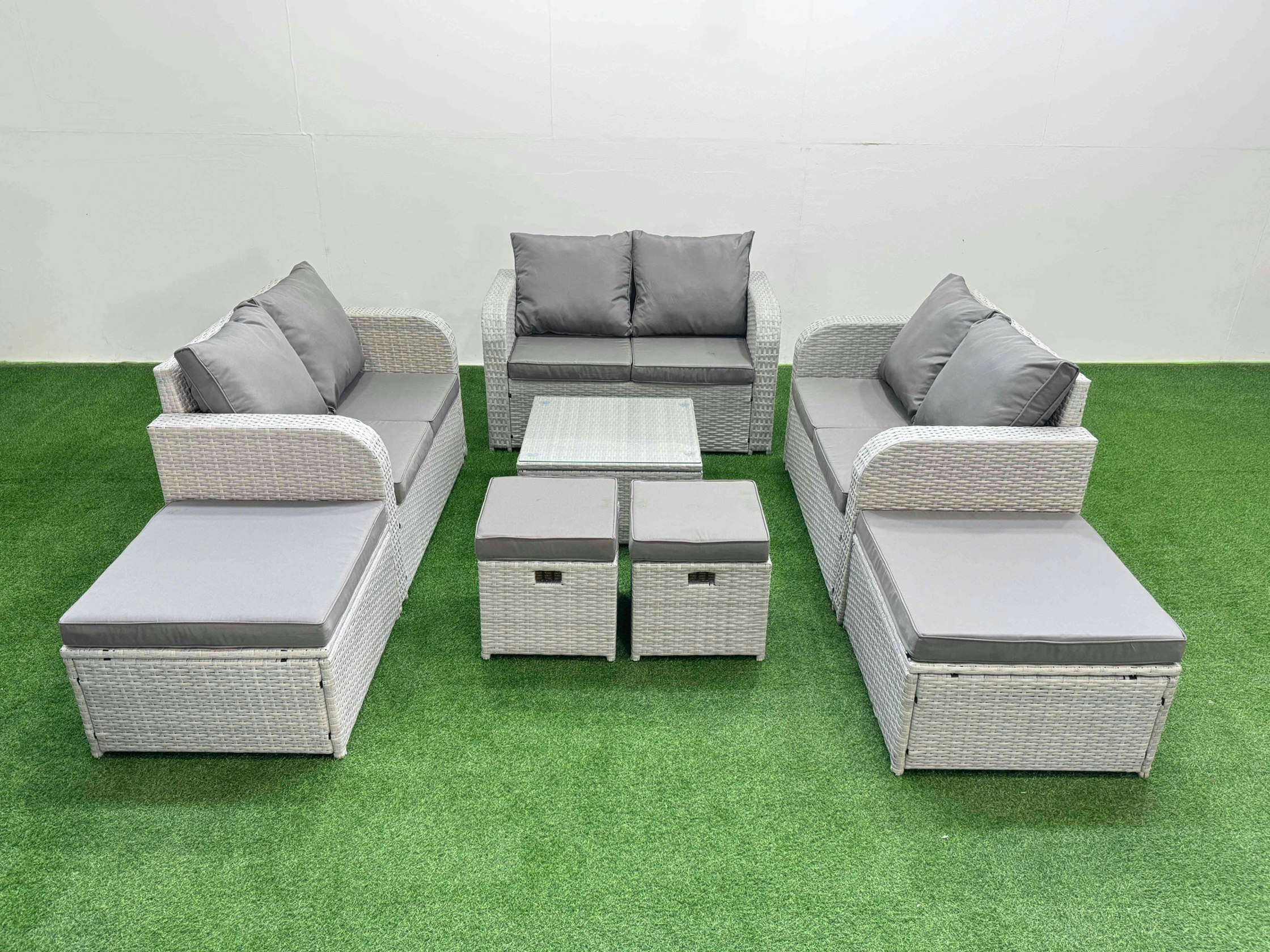 Fimous Light/Grey Outdoor Garden Furniture Set Pe Rattan Love Sofa Set With Coffee Table 4 Footstools