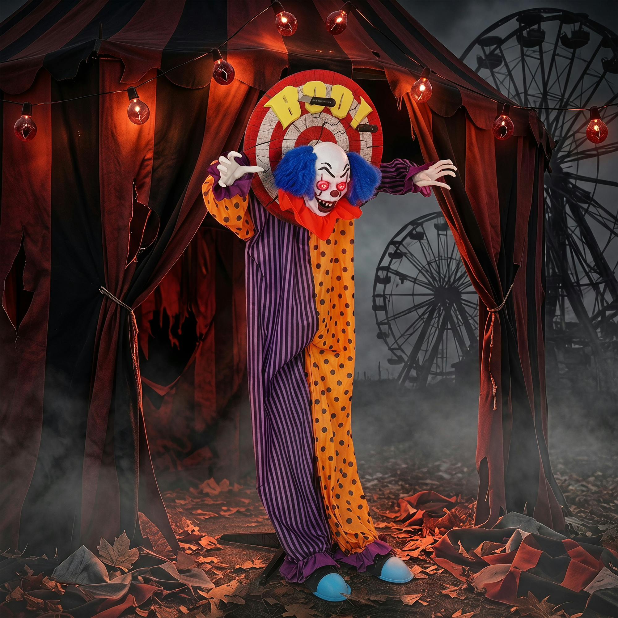 Rackhams Blue/Orange/Purple 167 Cm Life Size Animated Clown Halloween Decorations Outdoor Indoor