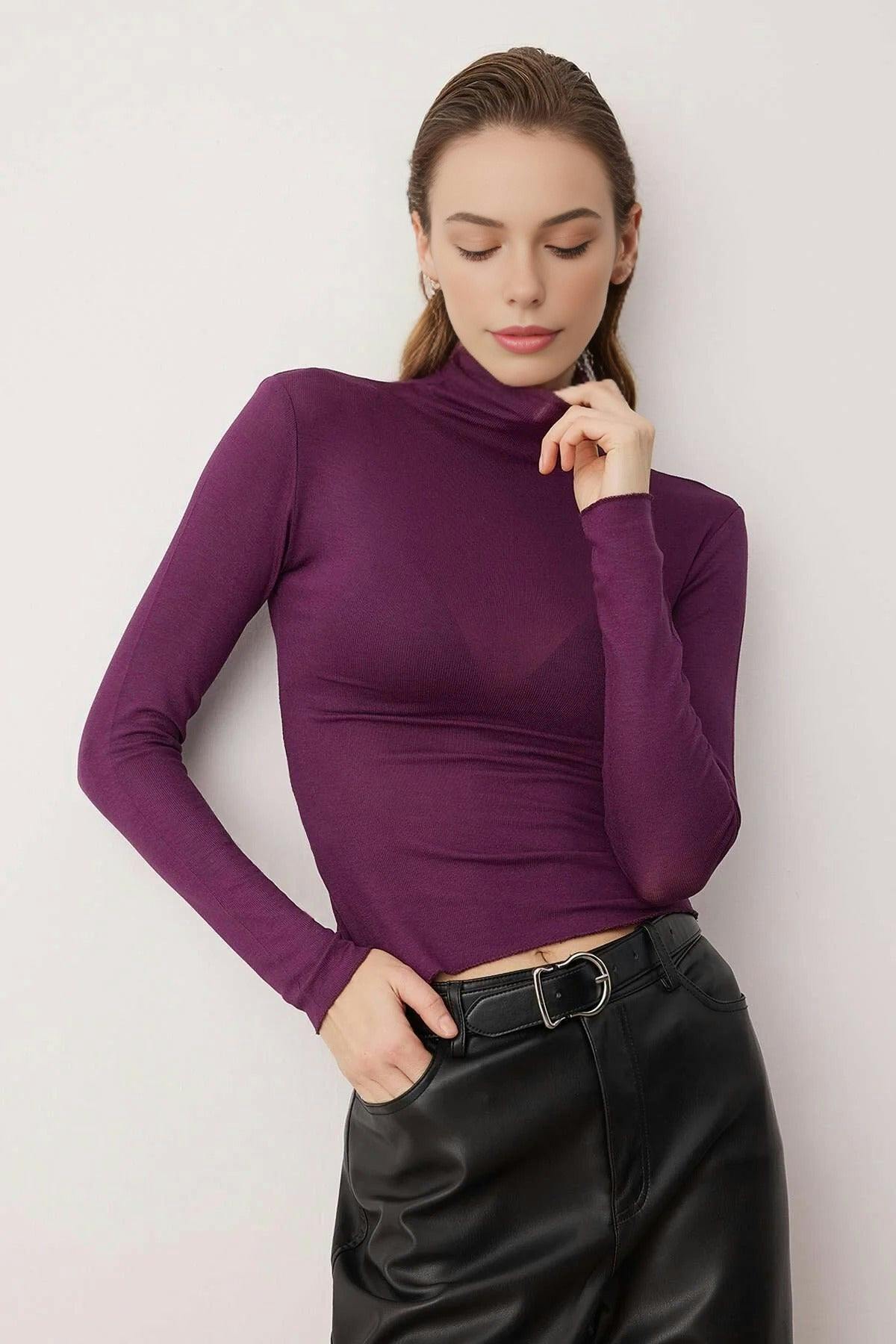 Wovcor Purple Transparent Stand Collar Flexible Regular Knit Blouse - S