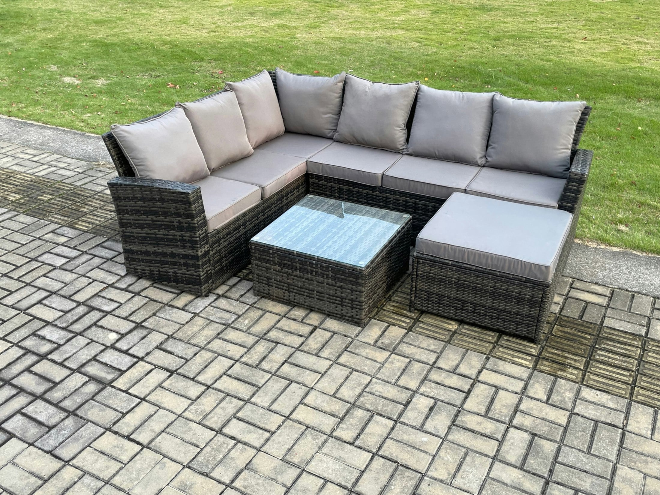 Rackhams Dark/Grey Rattan Garden Furniture Set Outdoor Lounge Corner Sofa Sets With Square Coffee Table Big Footstool 7 Seater Mixed