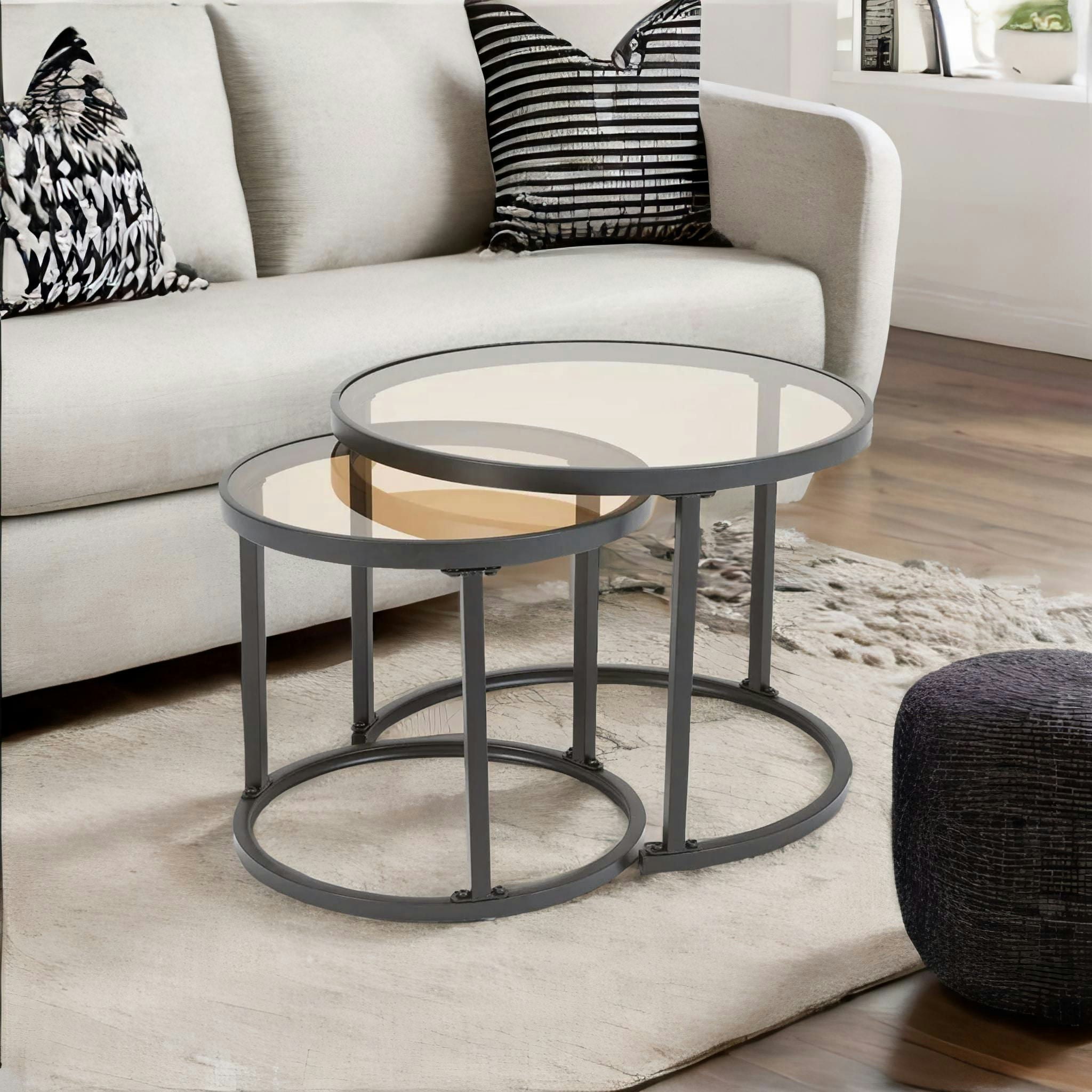 Rafaelo Mobilia Black Set Of 2 Round Nesting Tables With Tempered Glass Top