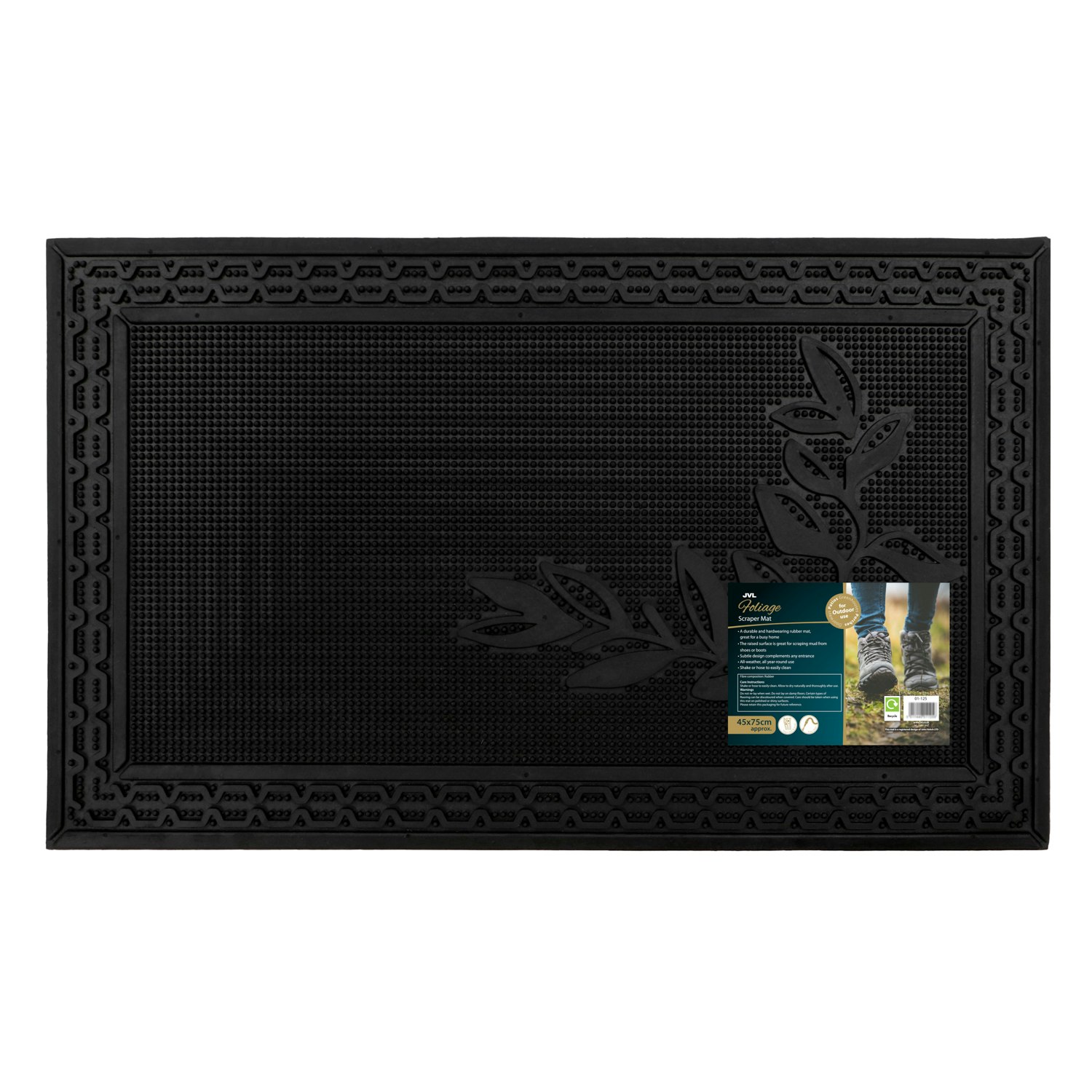 Jvl Black Foliage Scraper Rubber Pin Doormat, 45X75cm,