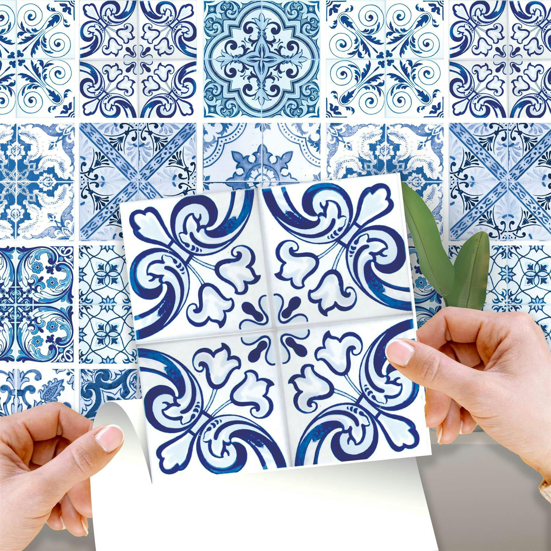 Walplus Blue Wt1587 - Turkish Mediterranean Wall Tiles Sticker Set - 15 X 15 Cm (6 X 6 In) - 24 Pcs