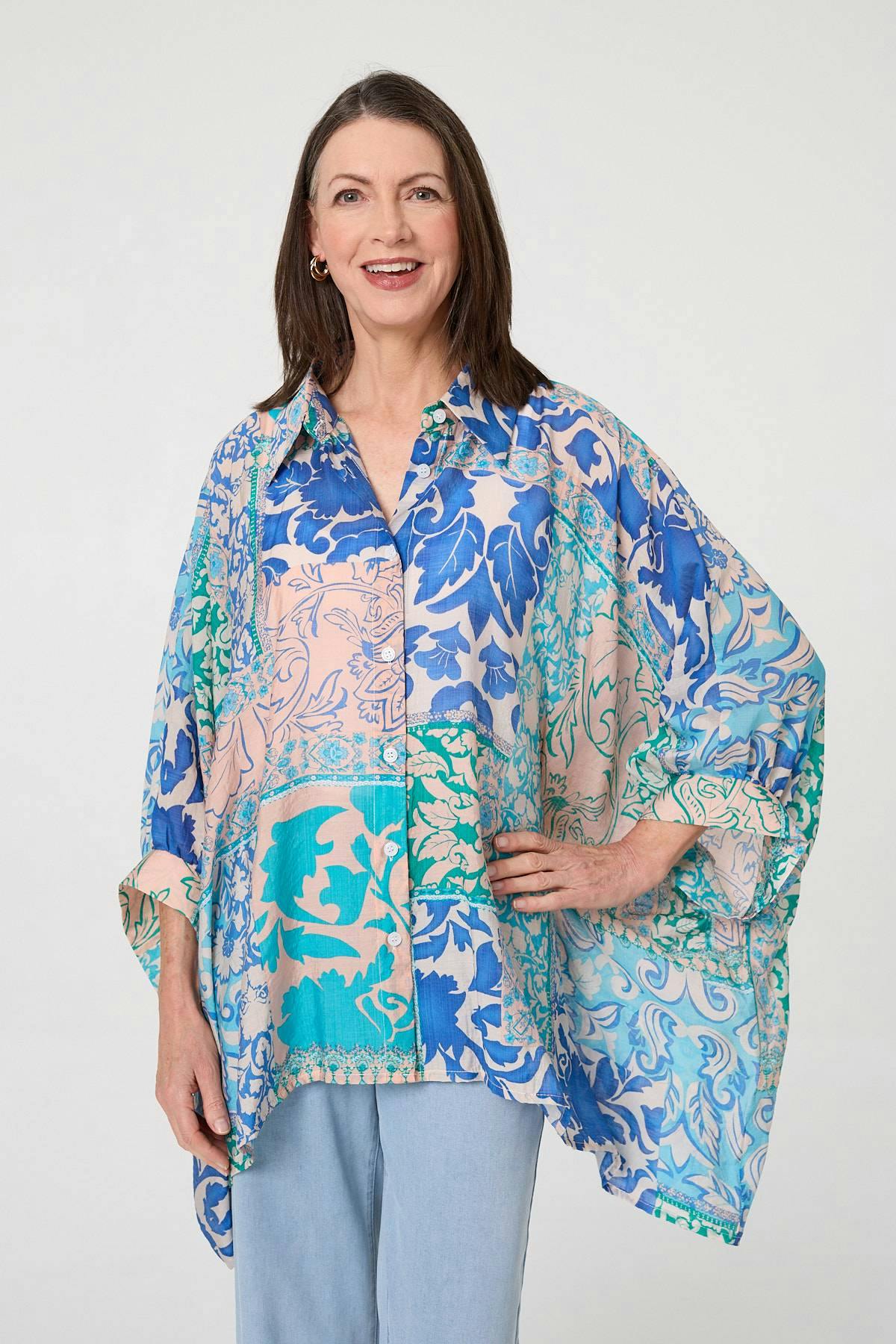 Izabel London Blue Leaf Print Longline Relaxed Tunic Shirt - 12