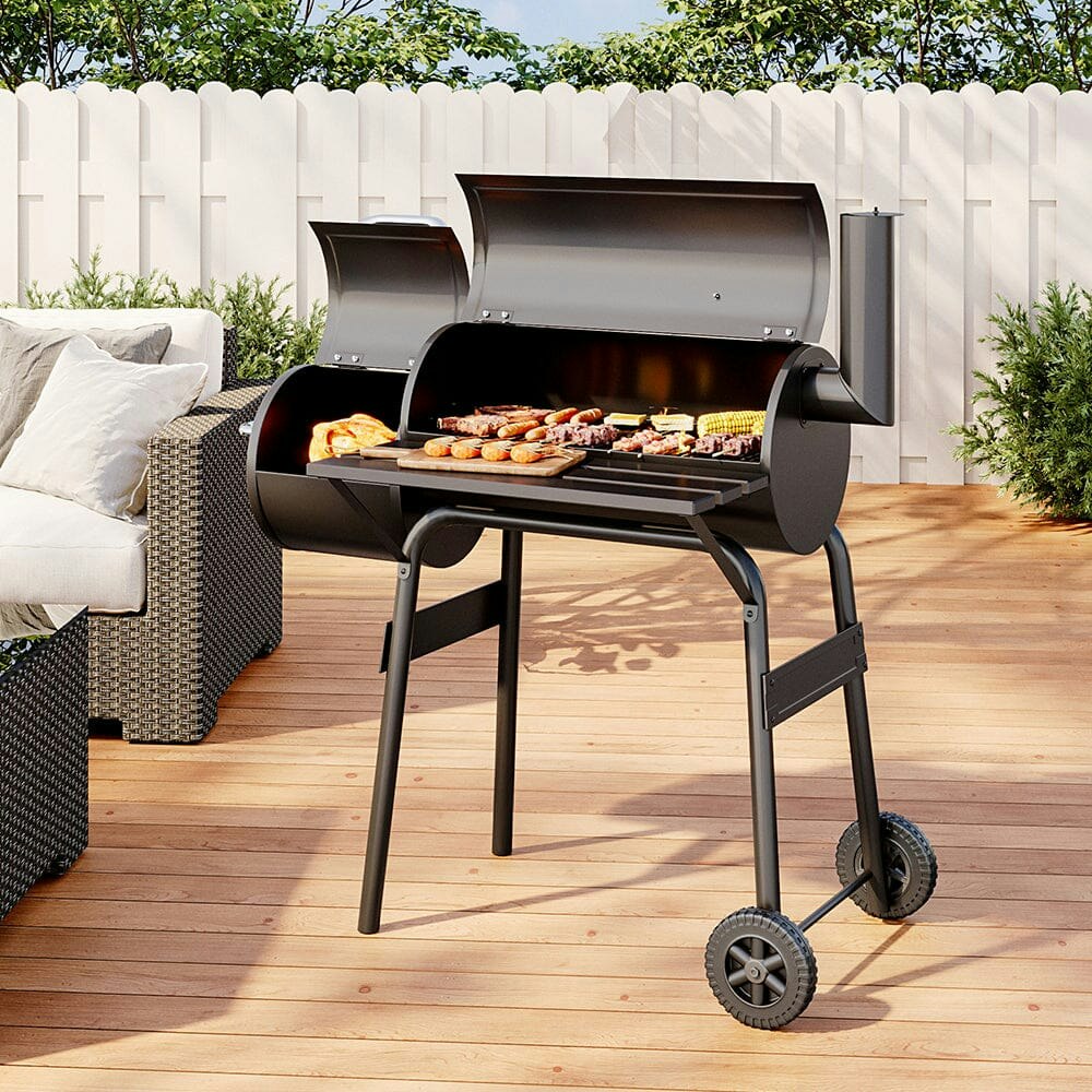Rackhams Black 3Ft Outdoor Charcoal Bbq Grill With Offset 2-In-1 Smoker And Wheels