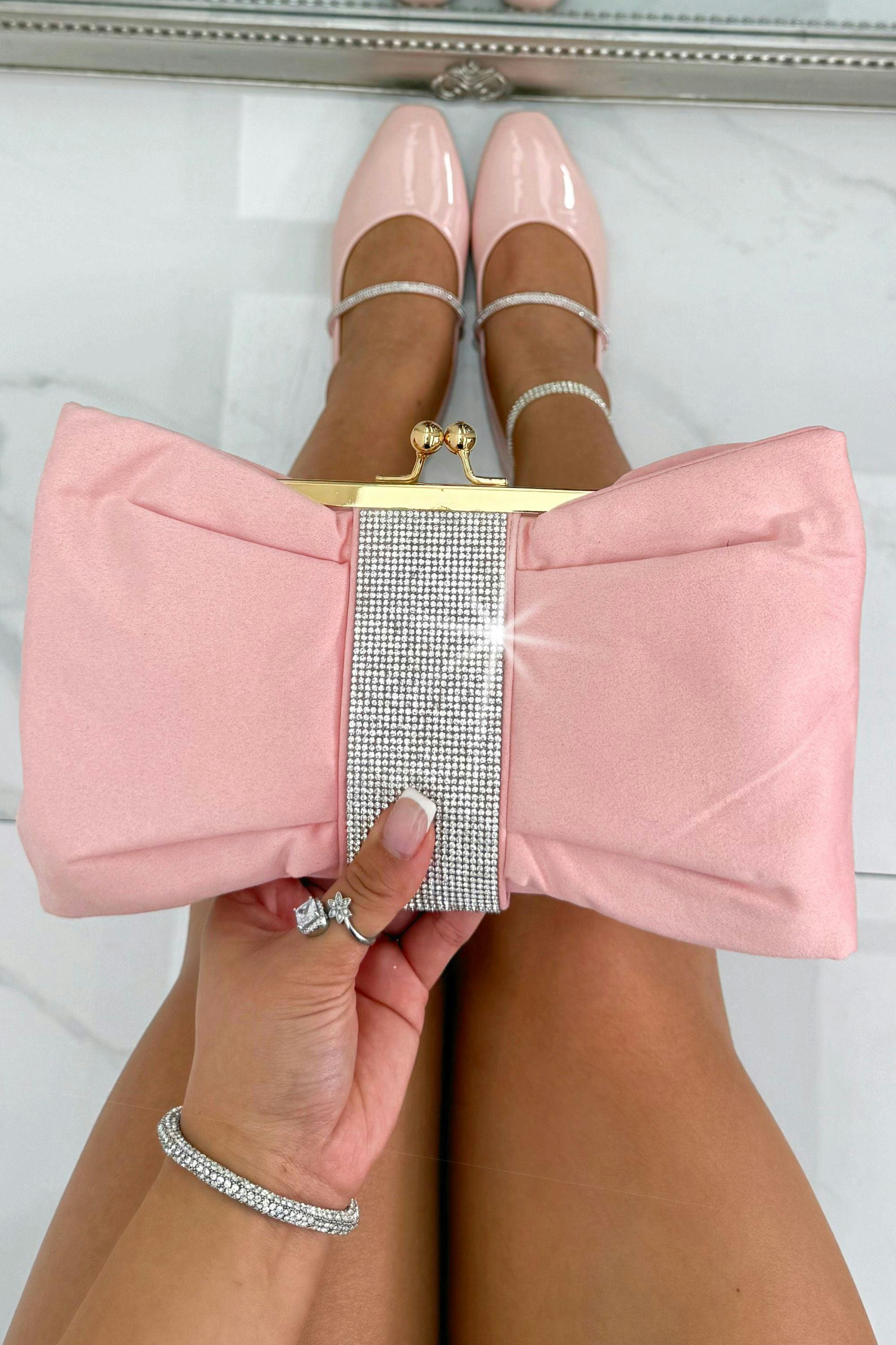 Love Lemonade Pink Crystal Detail Suede Bow Clutch Bag Baby