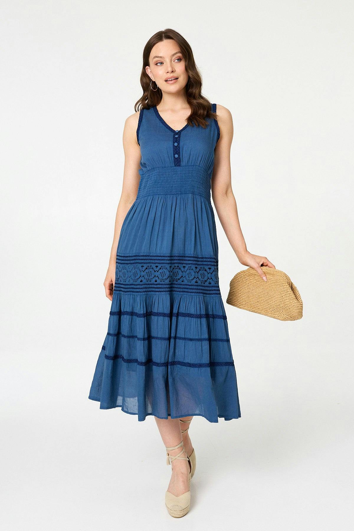 Izabel London Blue Embroidered Tiered Sleeveless Midi Dress - L