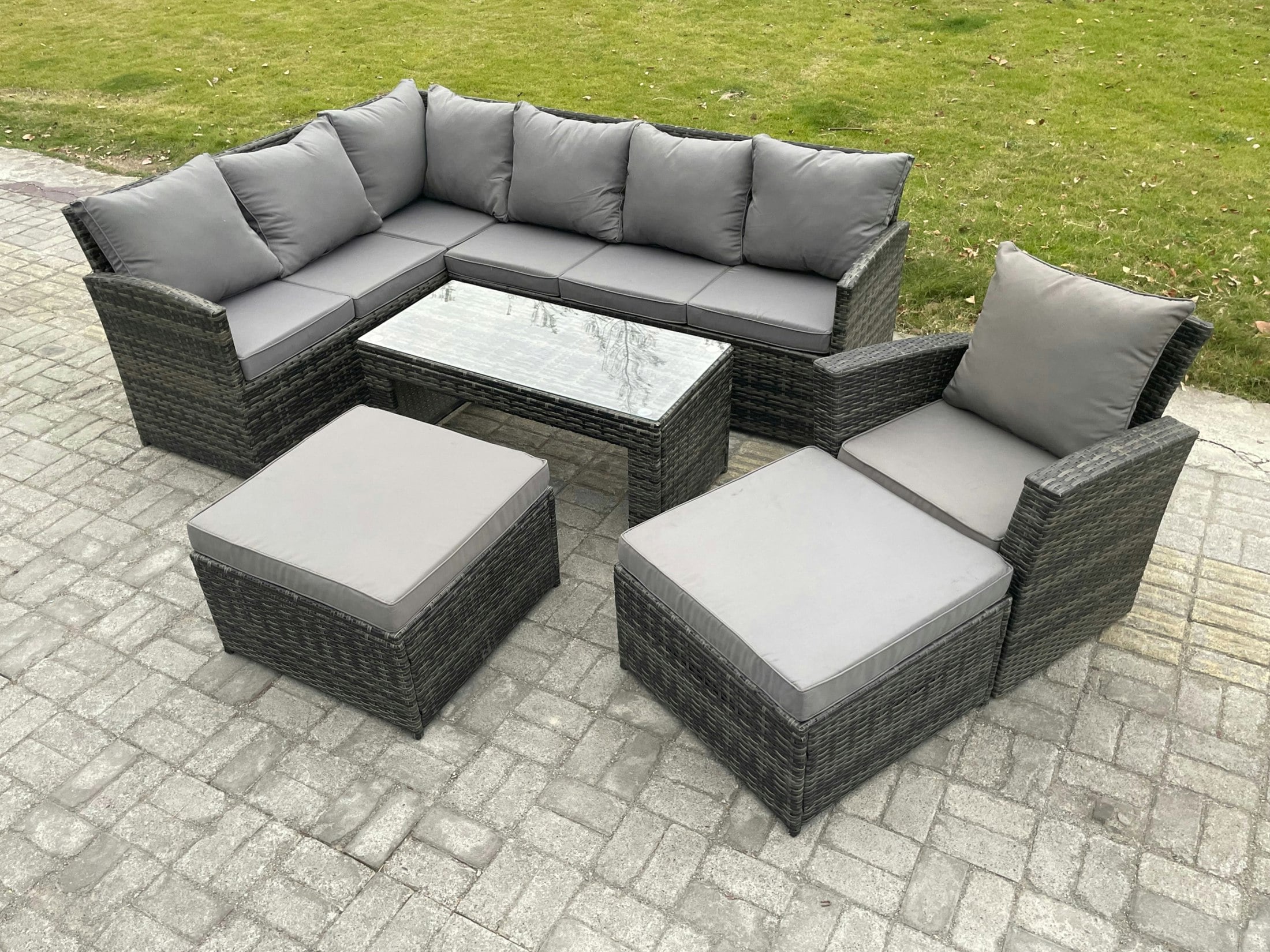 Fimous Dark/Grey Rattan Garden Furniture Sets High Back Corner Sofa Oblong Coffee Table Set With 2 Big Footstool Armchair Mixed