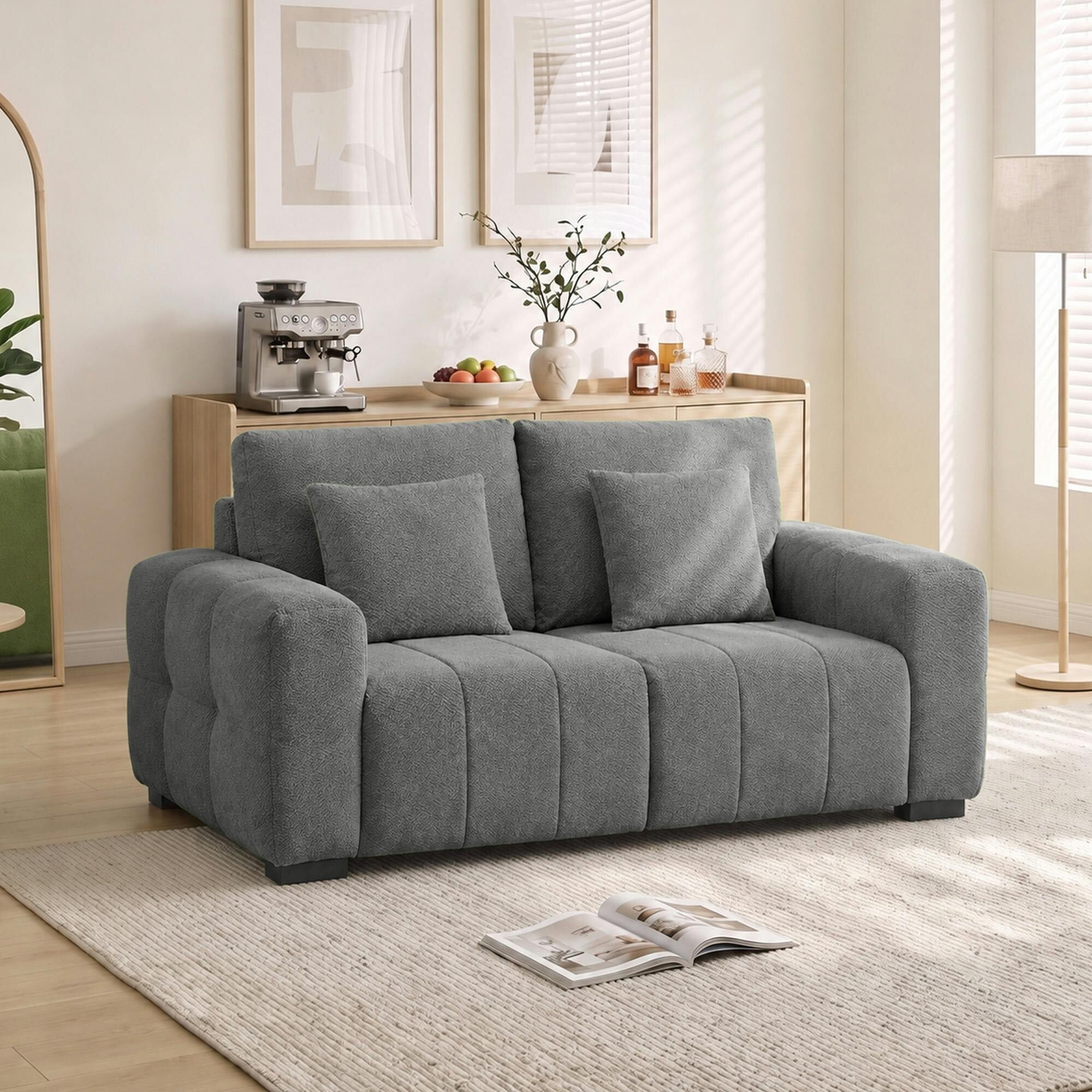 Homcom 2 Seater Sofa, Upholstered Small Couch With Pillows, Grey - Image 3